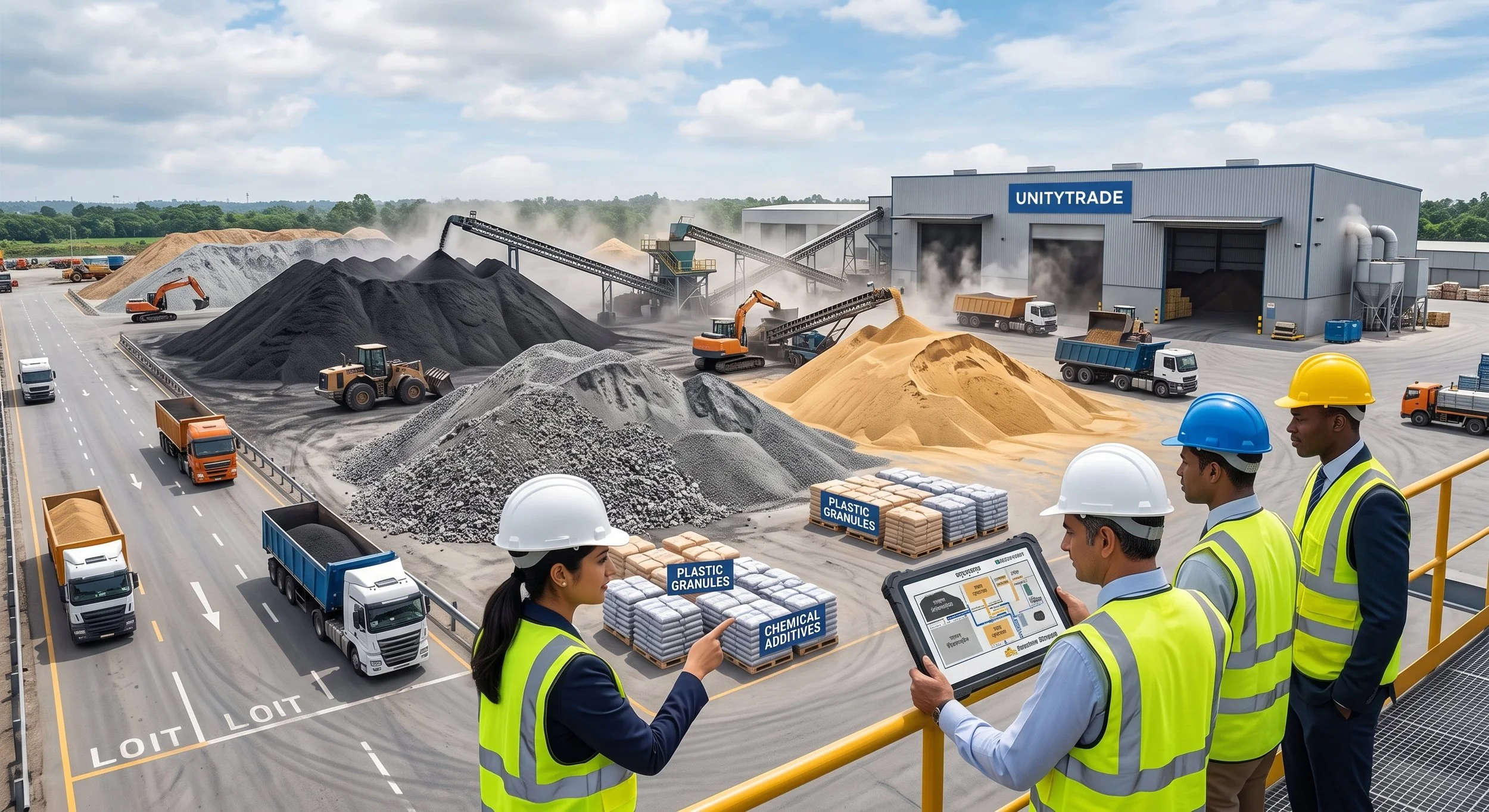 Construction workers in safety vests and helmets discussing a site with piles of materials, trucks, and machinery outside a building labeled UNITRYTRADE, with a highway in the foreground.