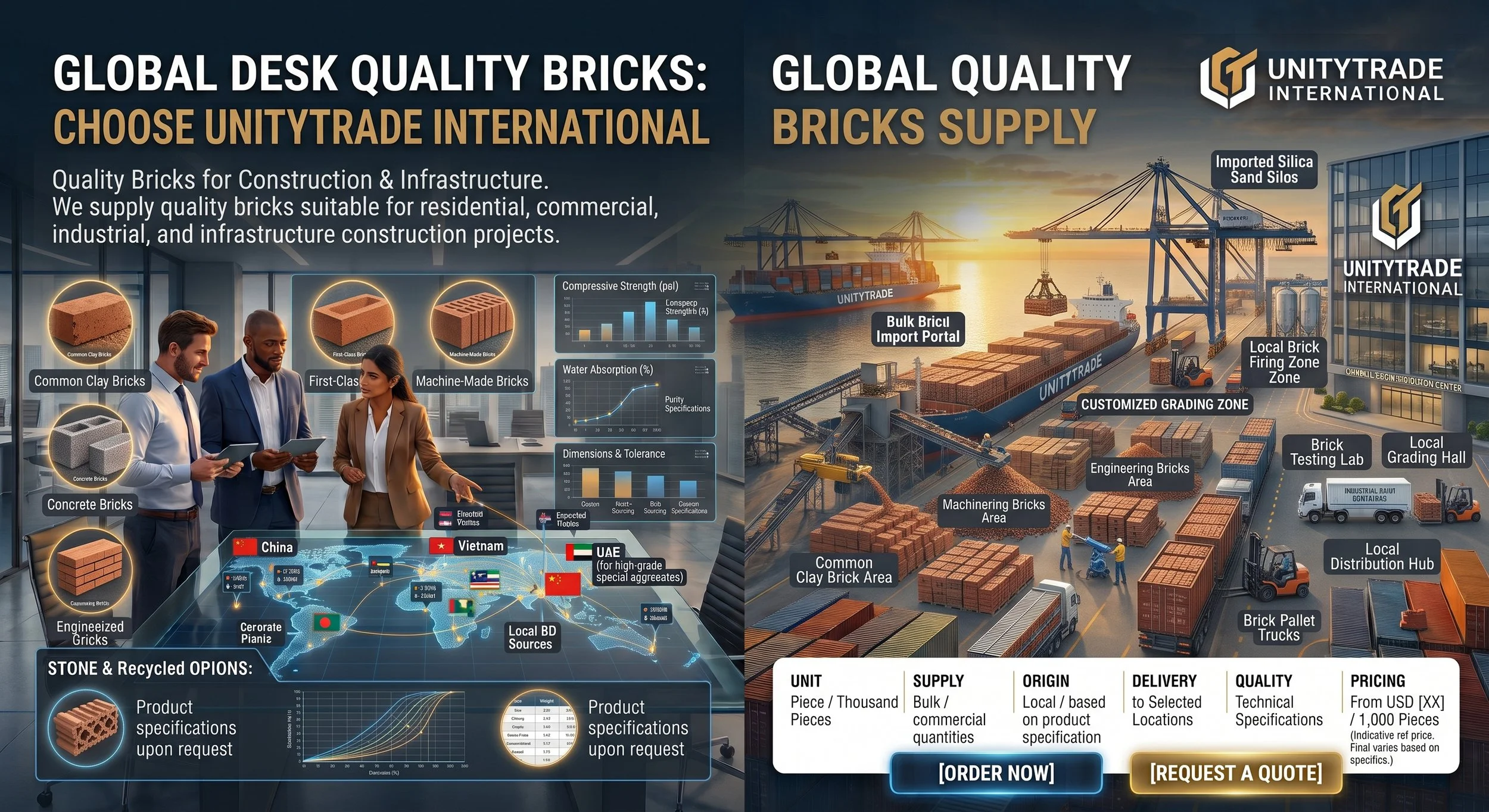 A digital infographic showing the industrial process of sourcing, manufacturing, and transporting bricks globally. It features sections on types of bricks, global sources, and supply chain logistics, with images of bricks, a port, and workers managing the brick production and distribution.