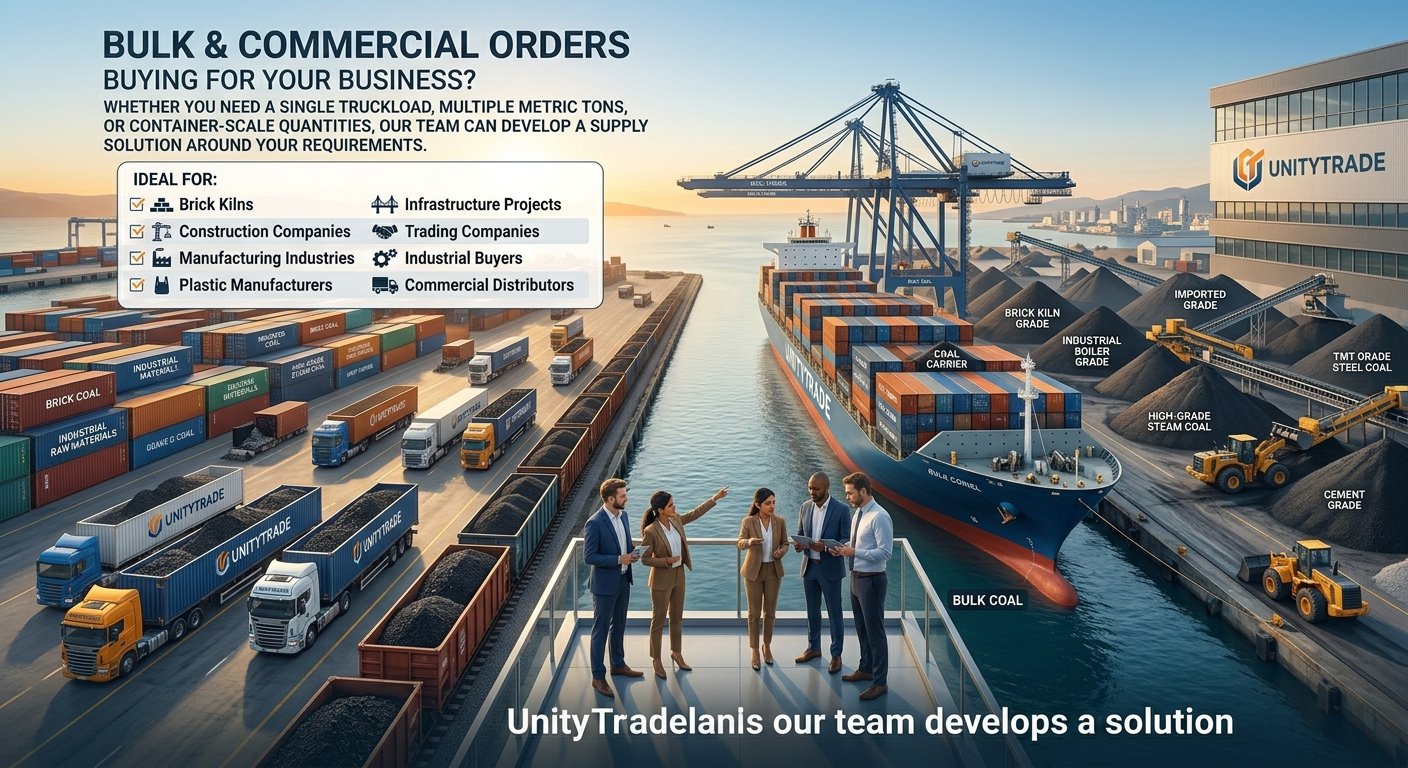A busy port with cargo ships, trucks, and containers, showing various types of bulk and industrial materials like coal, steel, and gravel. Five business professionals are discussing on a balcony overlooking the port, with labels indicating different grades of materials and equipment. The scene promotes bulk and commercial orders for businesses.