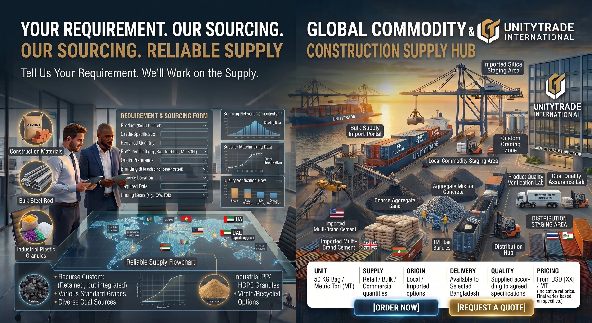 A promotional graphic for UnityTrade International showing their construction and supply services. The image features a digital map, industrial materials like cement and steel rods, a large cargo ship in a port, cranes, cement bags, aggregates, and trucks, with text overlays explaining sourcing, logistics, and quality verification processes.