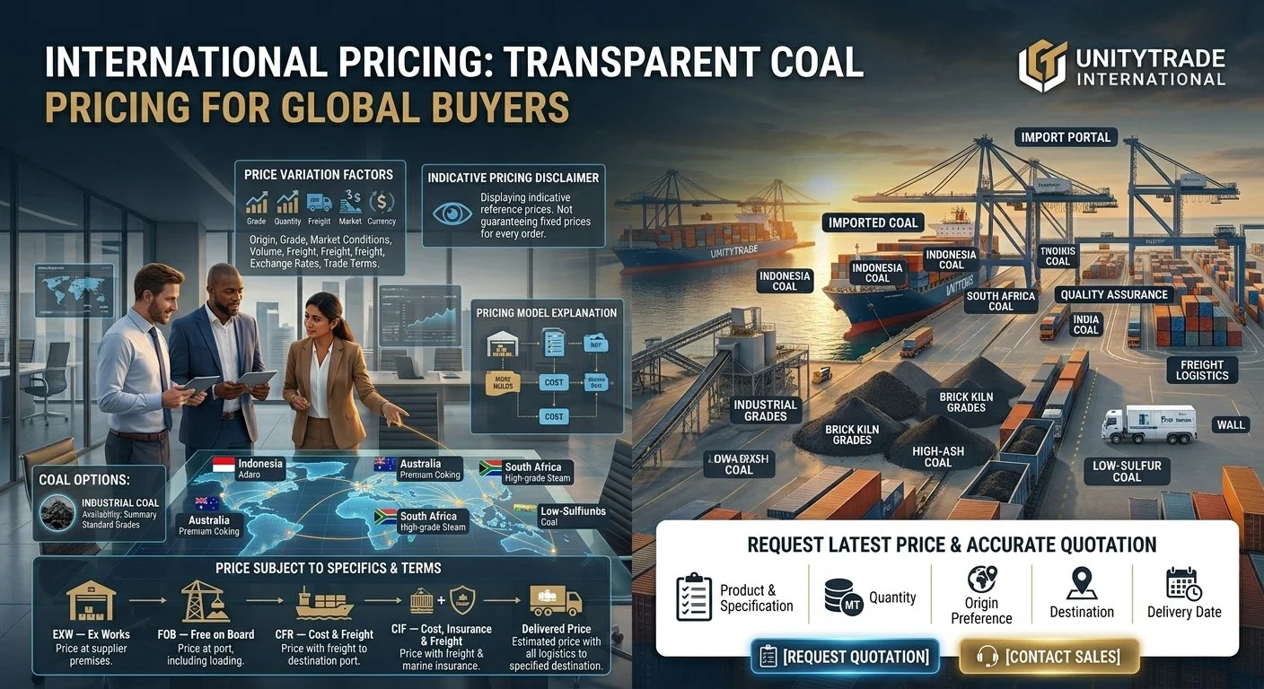 A detailed infographic about international transparent coal pricing for global buyers, showing types of coal, supply chain logistics, quality assurance, import/export ports, and factors affecting prices, with a group of business professionals discussing in an office setting.