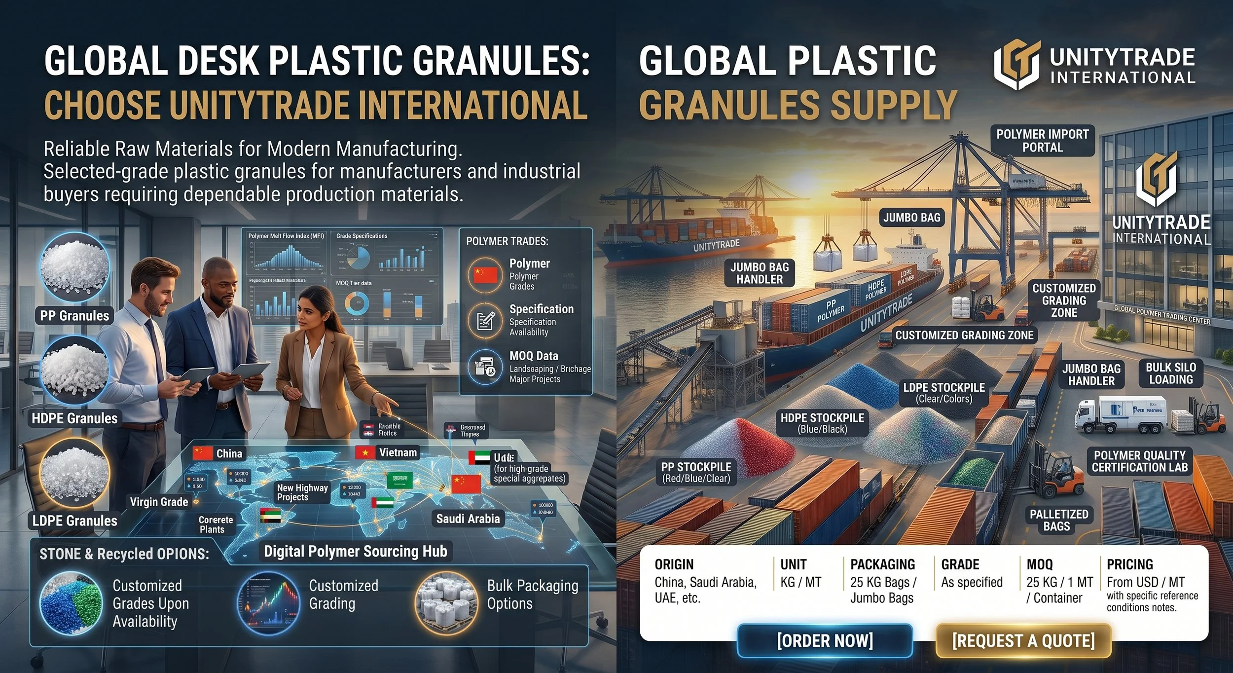 An infographic showcasing the supply chain and manufacturing process of plastic granules by UnityTrade International. It includes images of ships, container cranes, storage piles of raw materials, and labeled zones for grading, handling, and packaging of plastic granules.