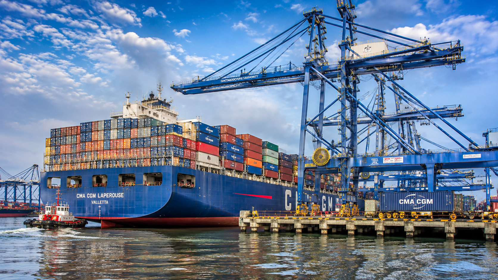 Large cargo ship named CMA CGM Laperouse at dock with numerous stacked shipping containers, large blue cranes unloading containers, and a tugboat nearby on water under a sky with scattered clouds.
