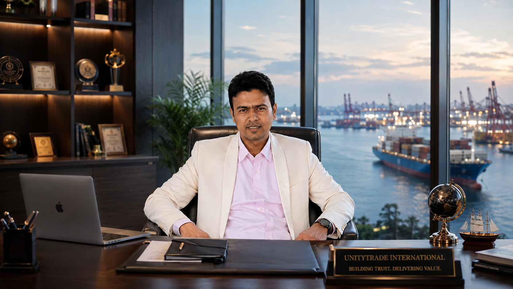 A man in a white suit sitting at a desk in an office with a city and harbor view outside the large windows.