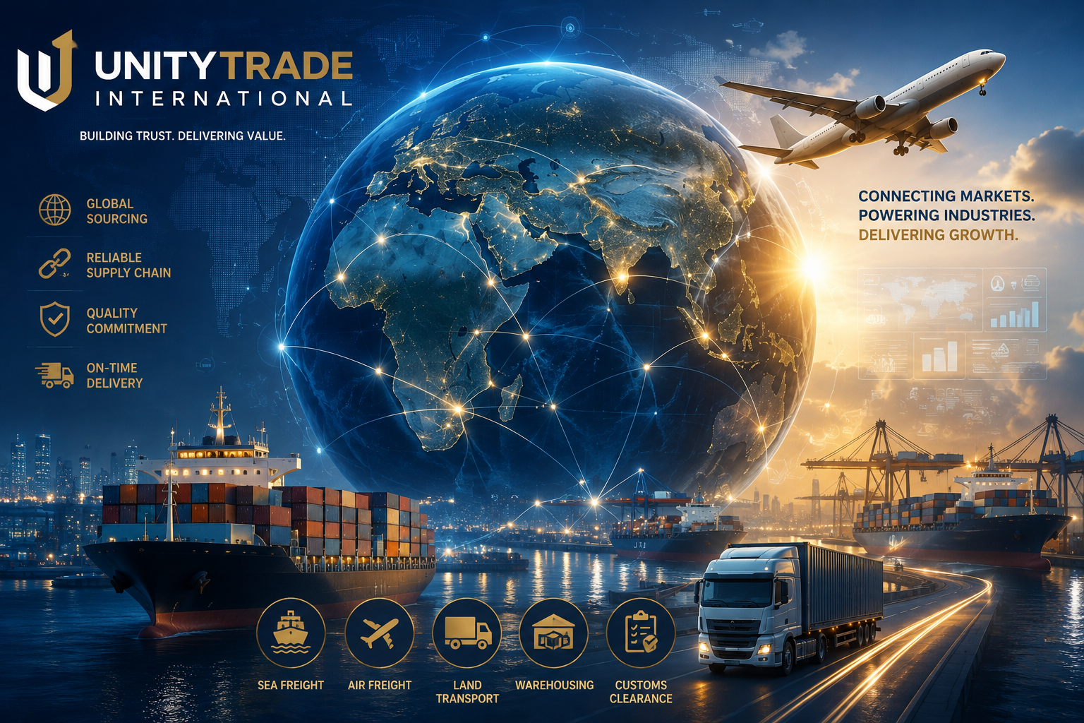 Global trade concept featuring a cargo ship, an airplane, a truck, and container warehouses, with a digital globe connected by network lines showing global connectivity, promoting Unity Trade International's services in sourcing, supply chain, and delivery.