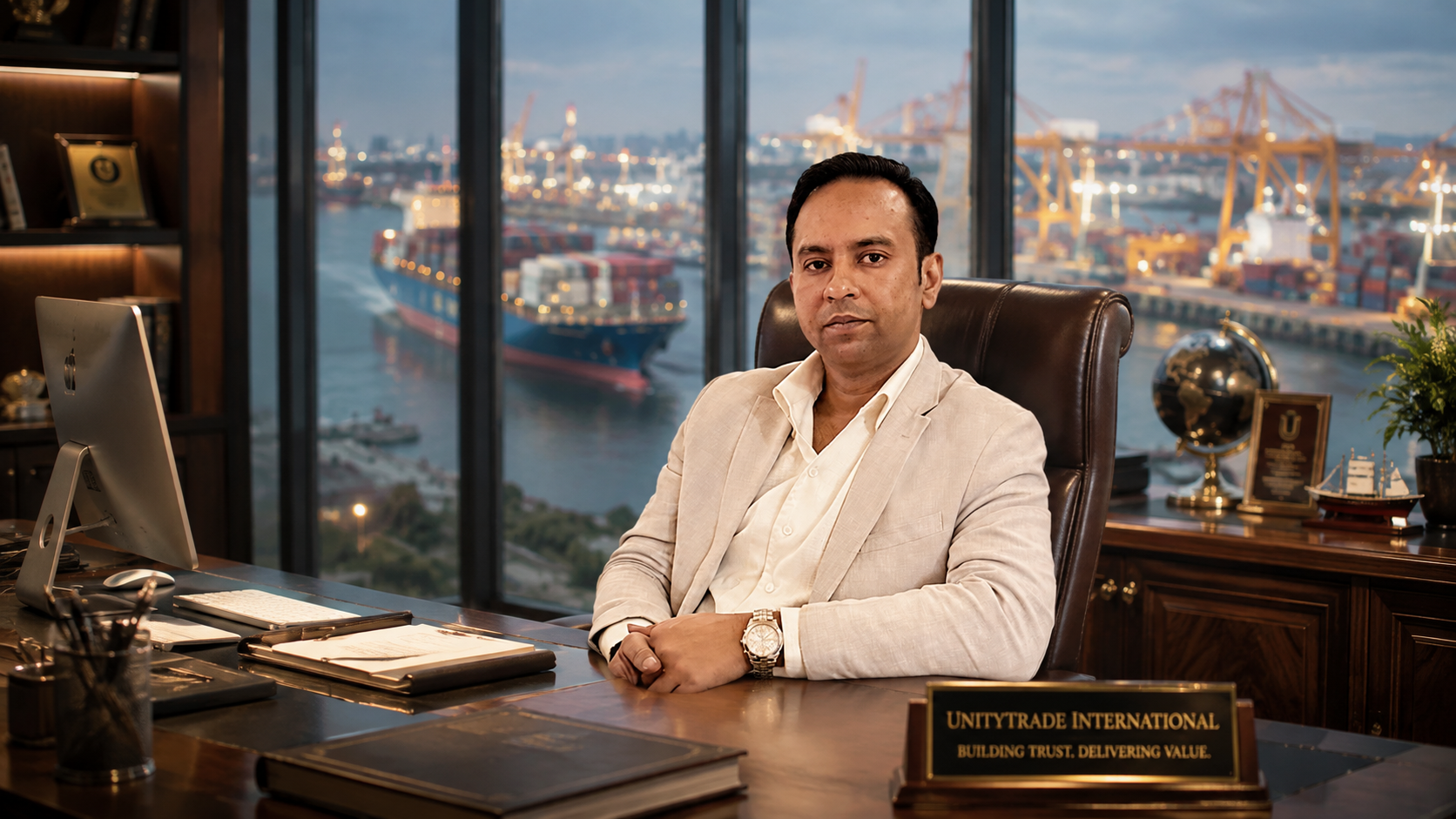 A man in a beige suit sitting in a leather office chair behind a large wooden desk, with a city harbor view through large windows in the background.