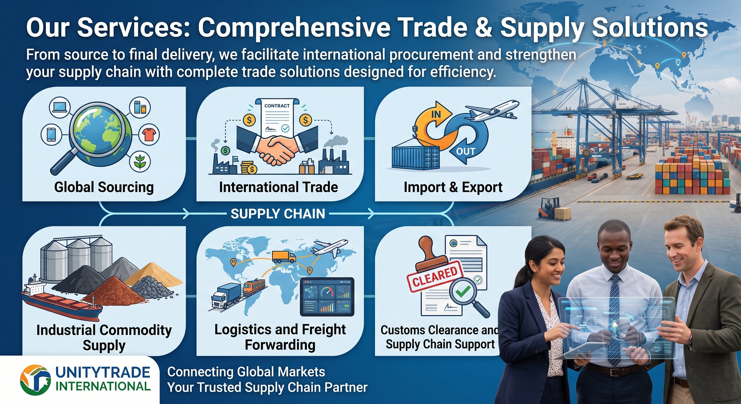 A promotional infographic for Unitytrade International showcasing their supply chain services, including global sourcing, international trade, import and export, industrial commodity supply, logistics and freight forwarding, and customs clearance and supply chain support. The background features a shipping port with containers, cranes, and ships, alongside a world map with trade routes, and a group of professionals discussing supply chain management.