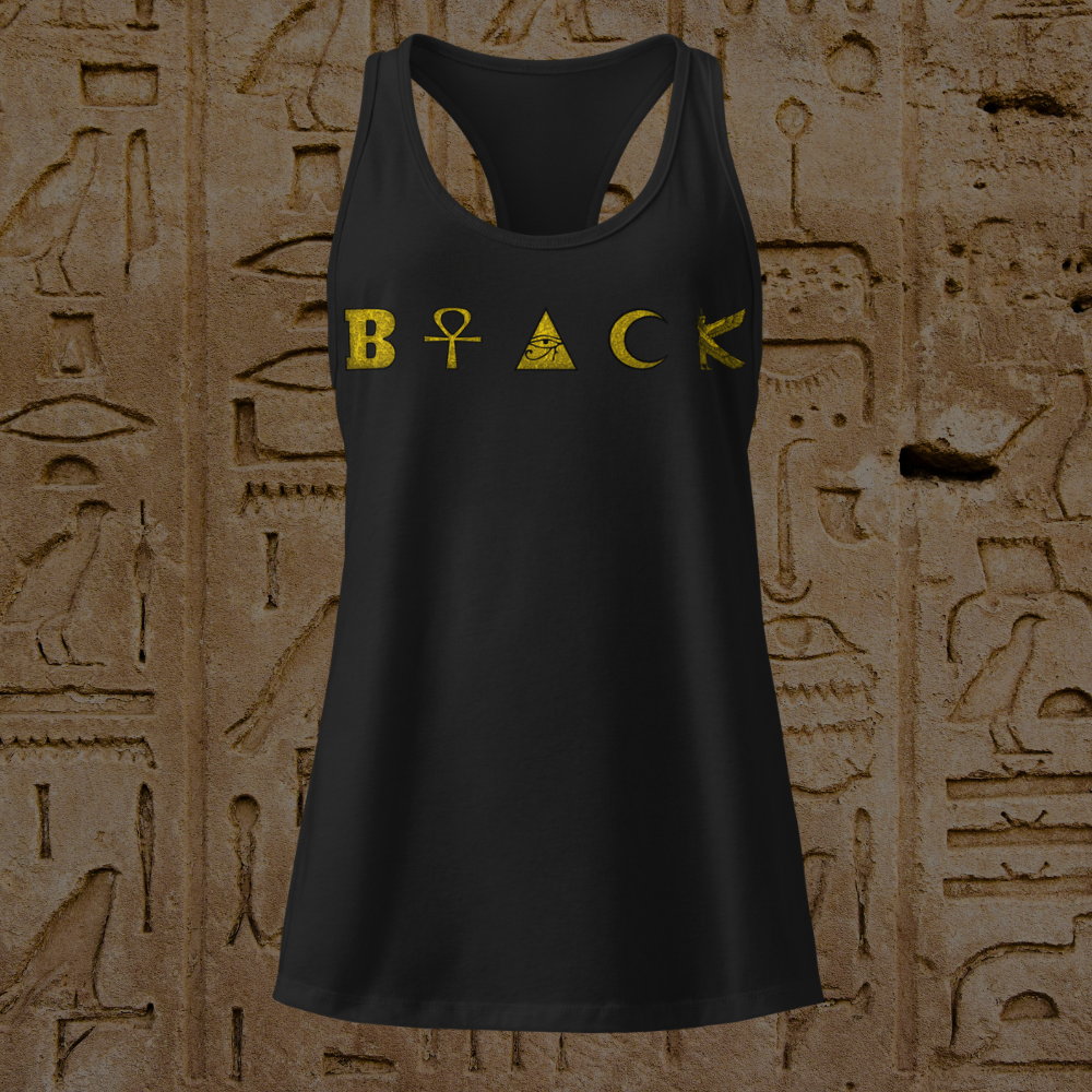 Ancient Royalty racer top by Sacred Melanin Studio, designed for Kemetic Yoga, movement, training, and active living.
