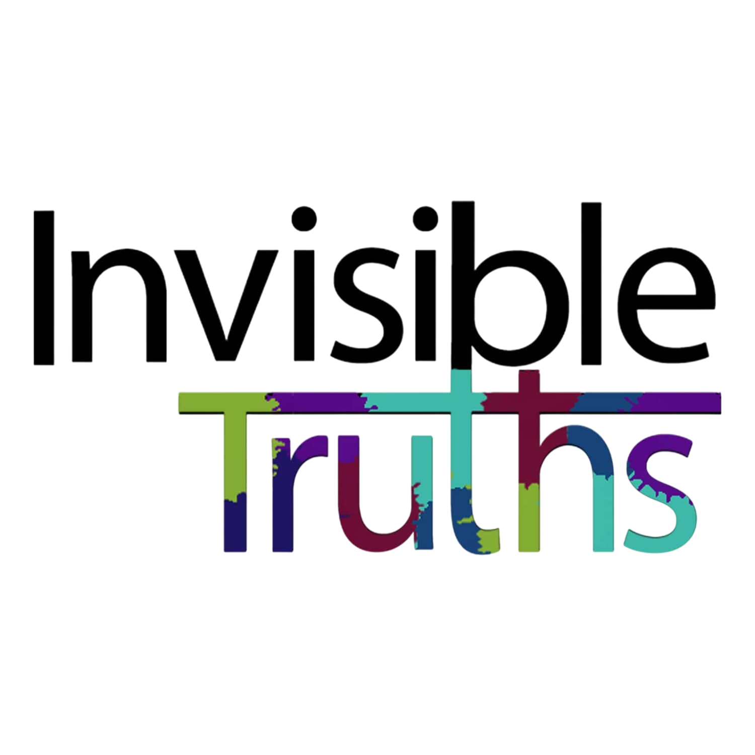 Colorful text overlay with the phrase "things" in vibrant, paint splatter style, under a grayscale the word "invisible" in large letters.