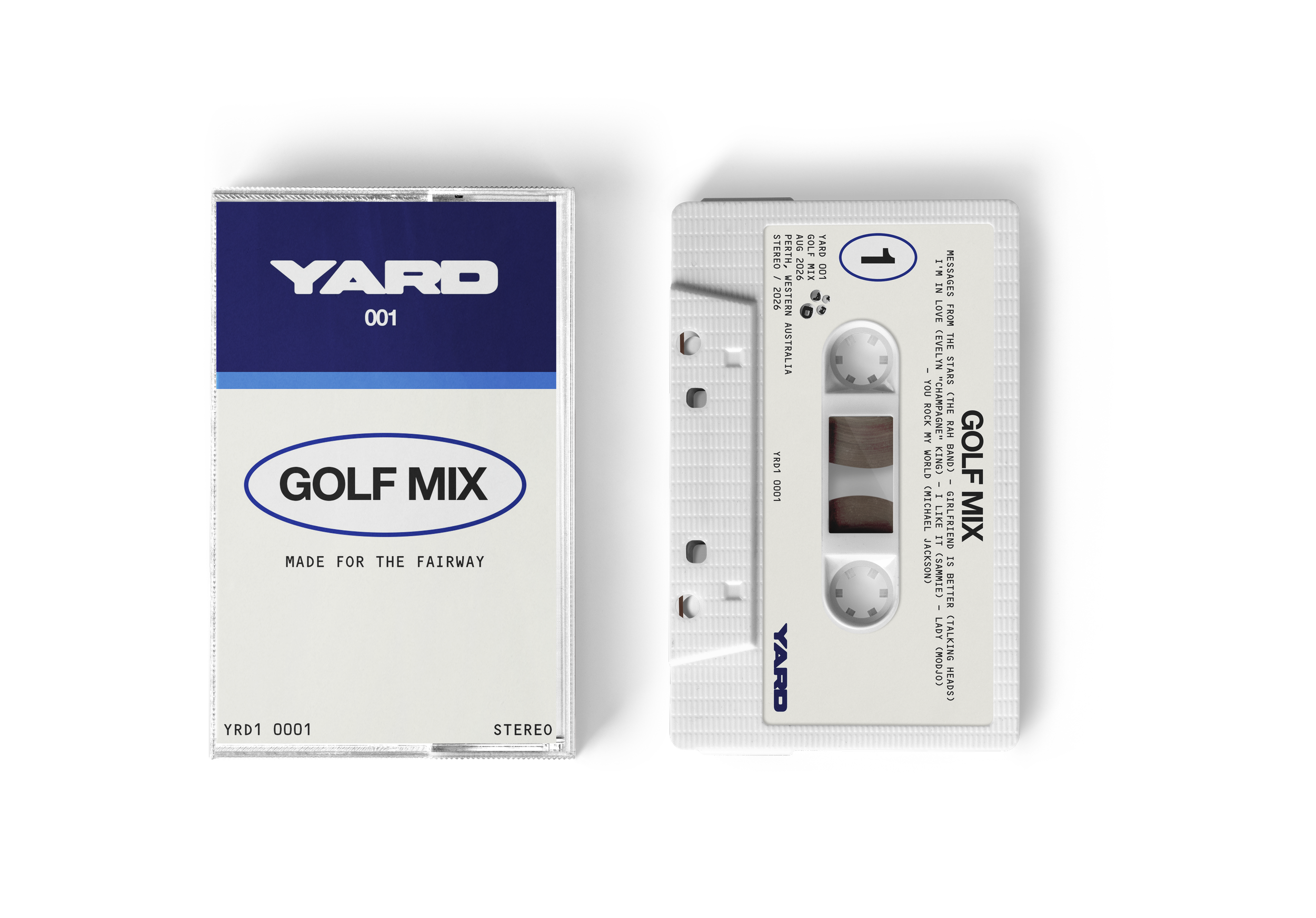 A vintage audio cassette tape with YARD branding and a matching cassette case with YARD GOLF MIX label, placed against a black background.