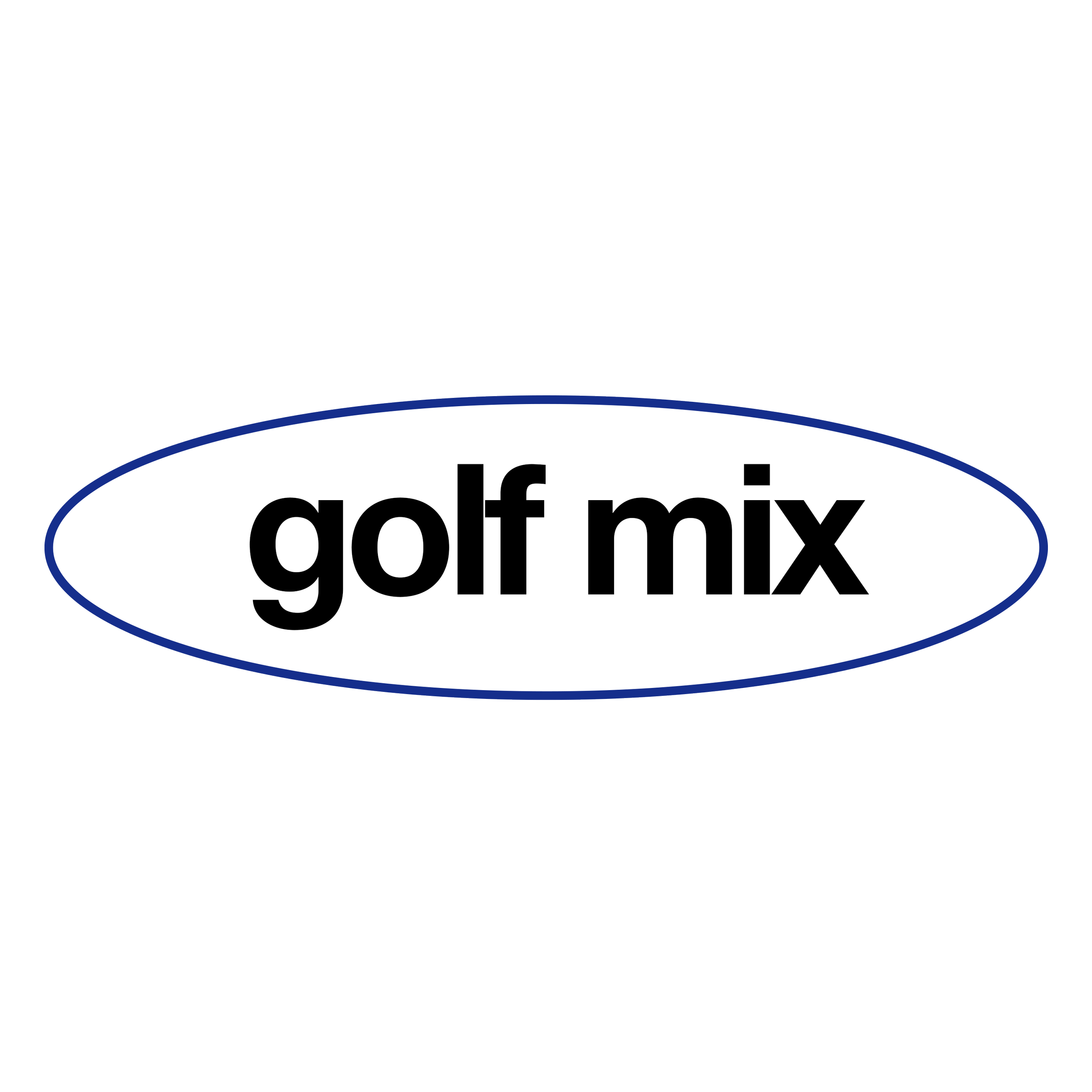 A logo with a black background and white letters that say 'Golf Mix' inside an oval. The oval has a blue and white outline.