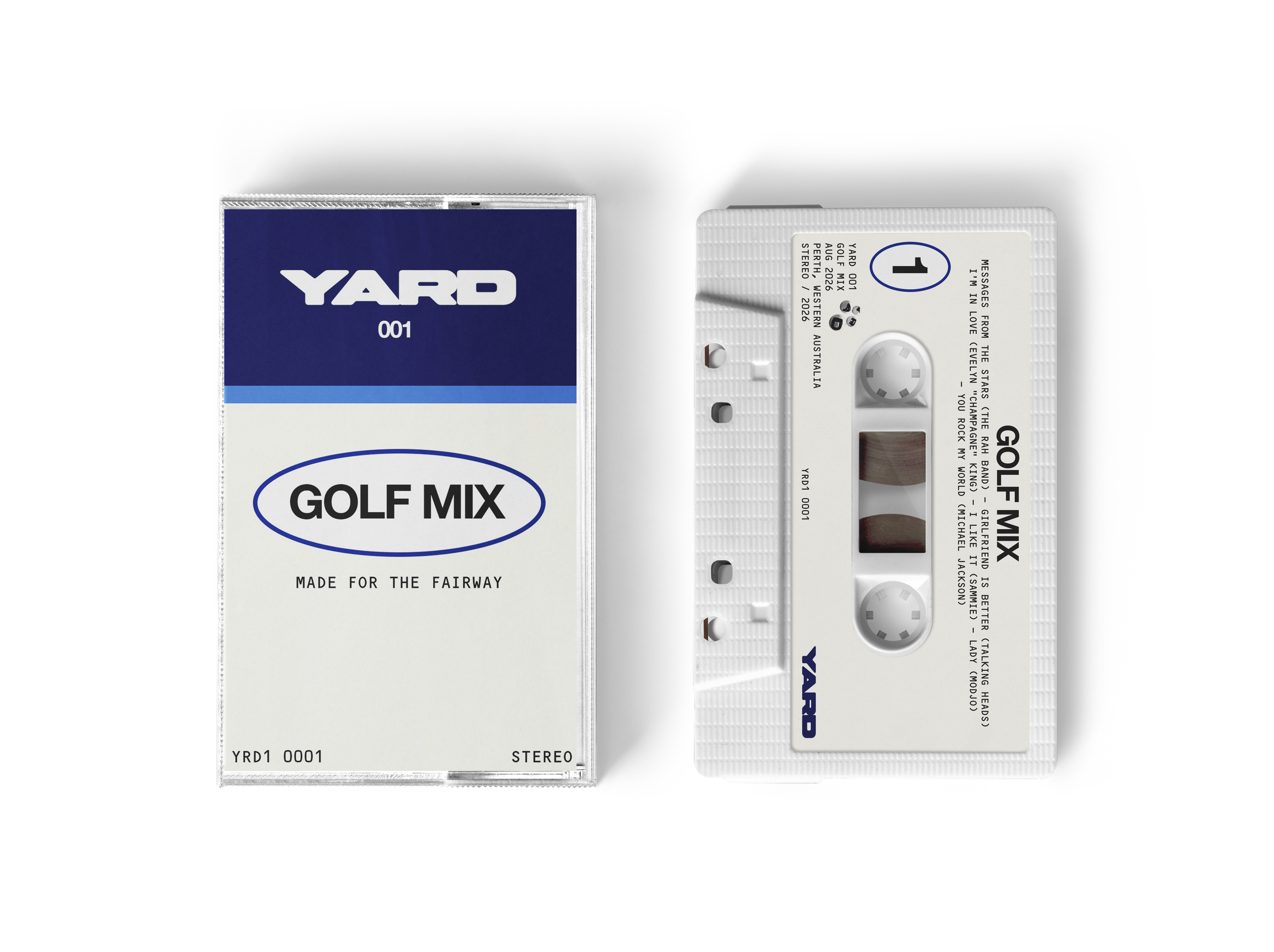 Audio cassette tape and its case with label reading 'Golf Mix' and a cassette case with song details against a black background.