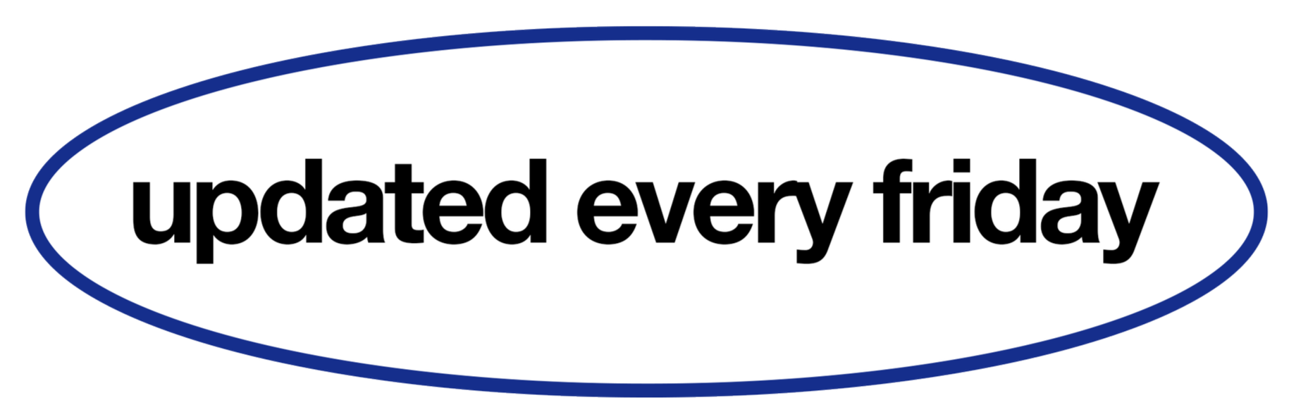 Oval sign with a blue border and white background, displaying the text 'updated every friday' in bold black font.