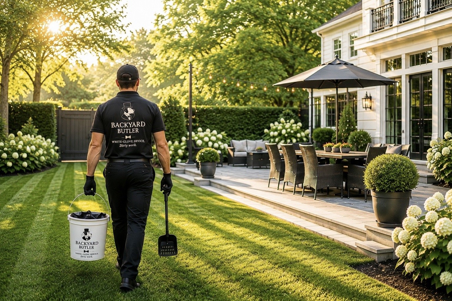 A Long Island backyard with lush green lawn, potted plants, and white hydrangeas. A person dressed in black with Gardening tools walks towards an outdoor patio with dining and seating areas, sun setting in the background.