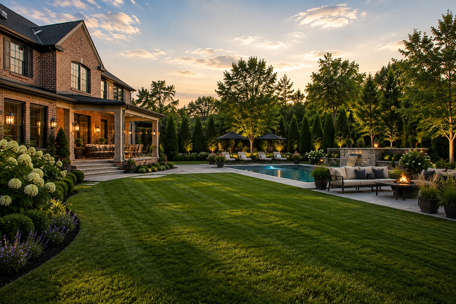 A Long Island, New York suburban backyard with a house, swimming pool, outdoor seating, surrounded by trees and landscaping at sunset. The home is maintained by Backyard Butler, a local, premium pet waste management company.