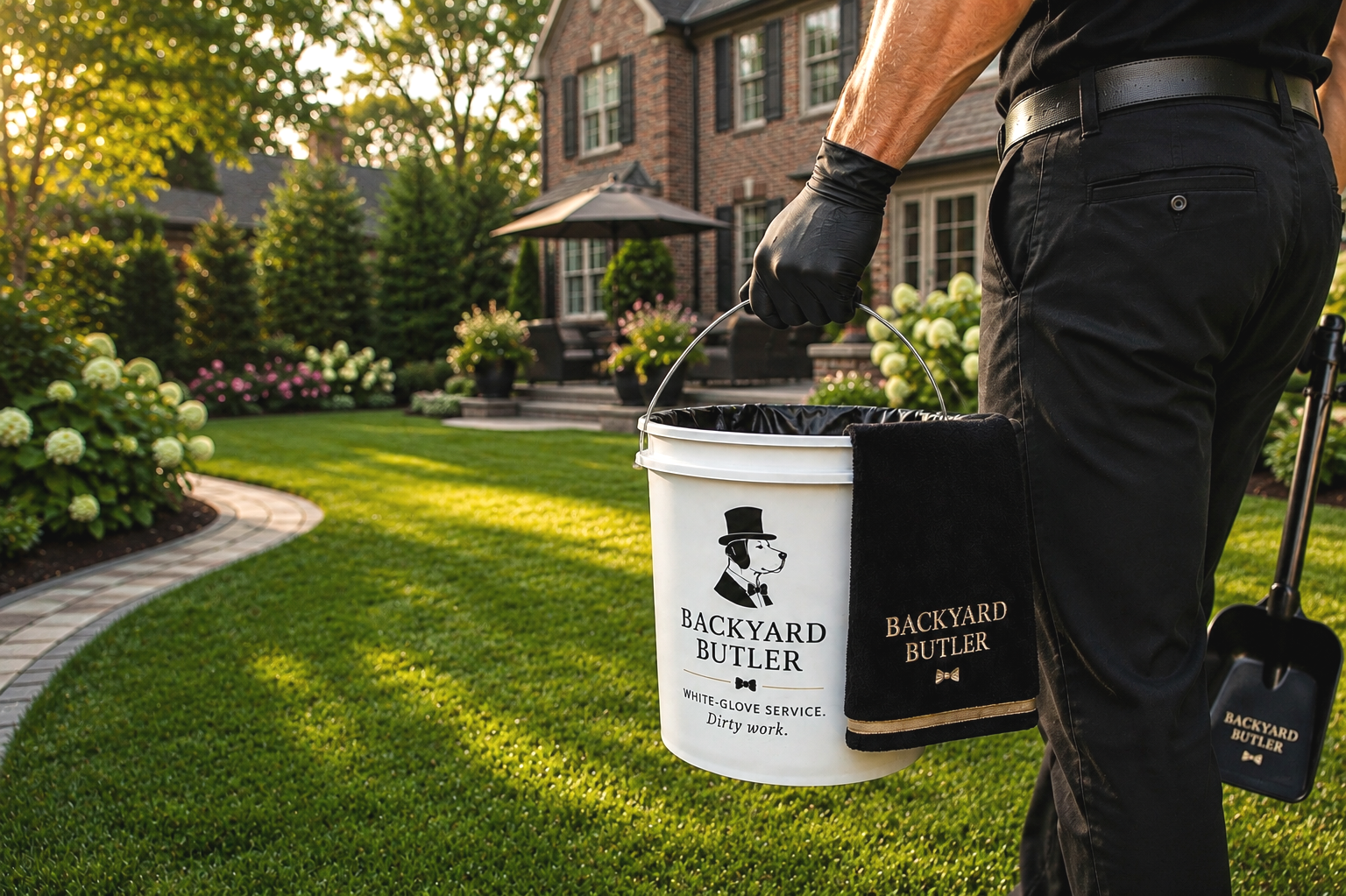 A Nassau County, NY backyard with lush green grass, flowerbeds, and a brick house in the background. A person dressed in black is holding a white bucket and a black towel, both branded 'Backyard Butler,' near the yard.