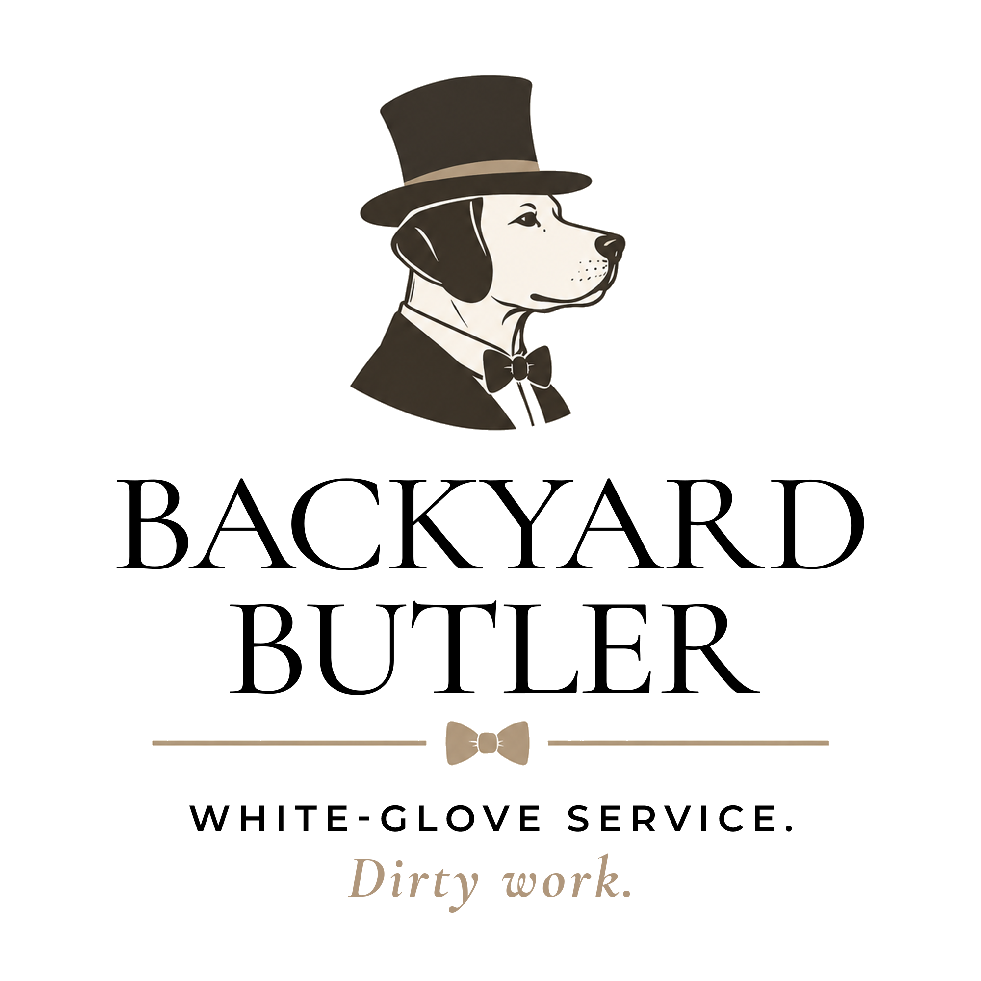 Backyard Butler pet waste removal logo of a dog wearing a top hat, bow tie, tuxedo, and a bow tie.