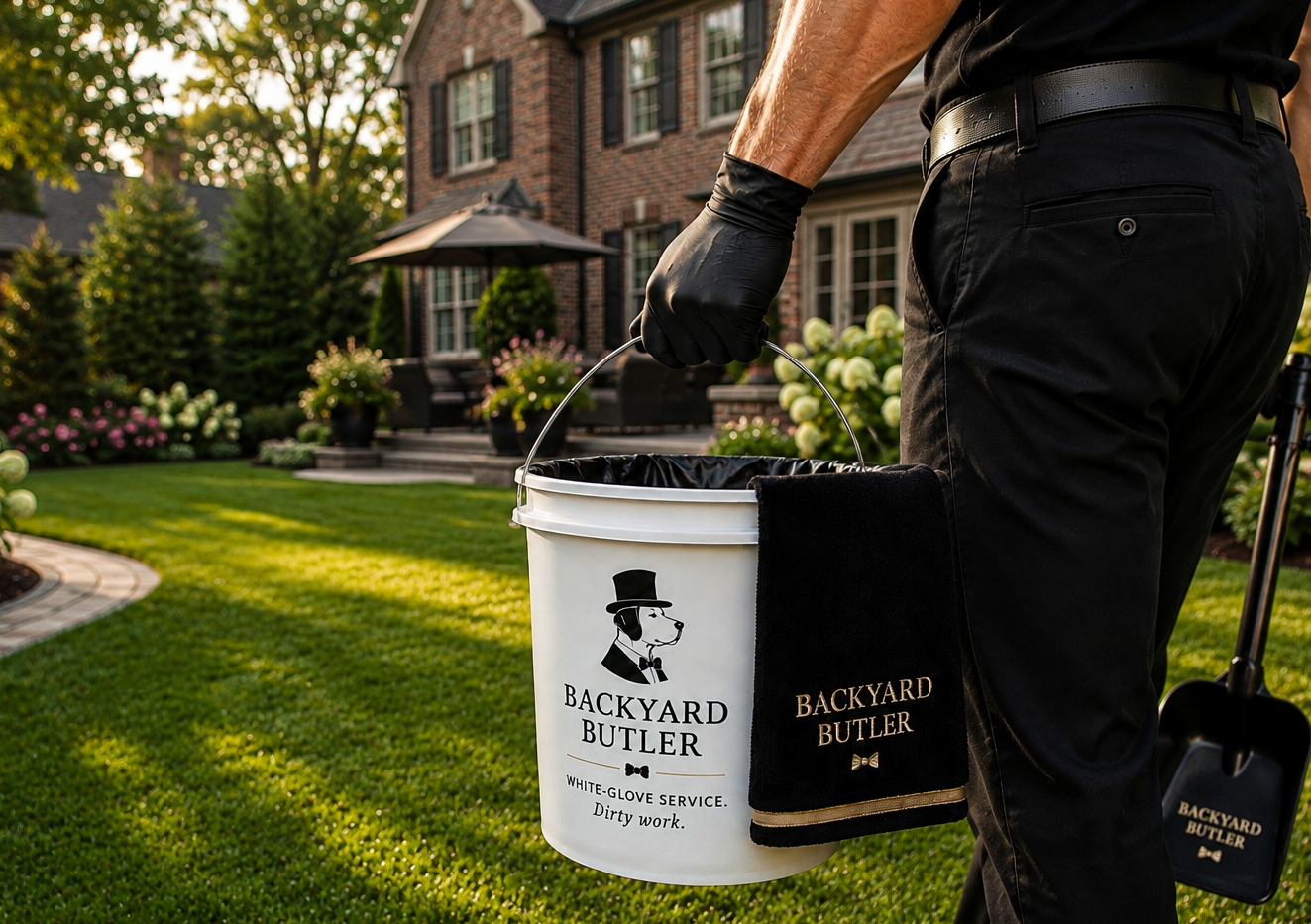 A pet waste removal service person holding a white bucket and a cloth towel with Backyard Butler branding, standing in a well-maintained backyard in Long Island, New York with green grass, bushes, flowers, a patio and a brick house in the background.