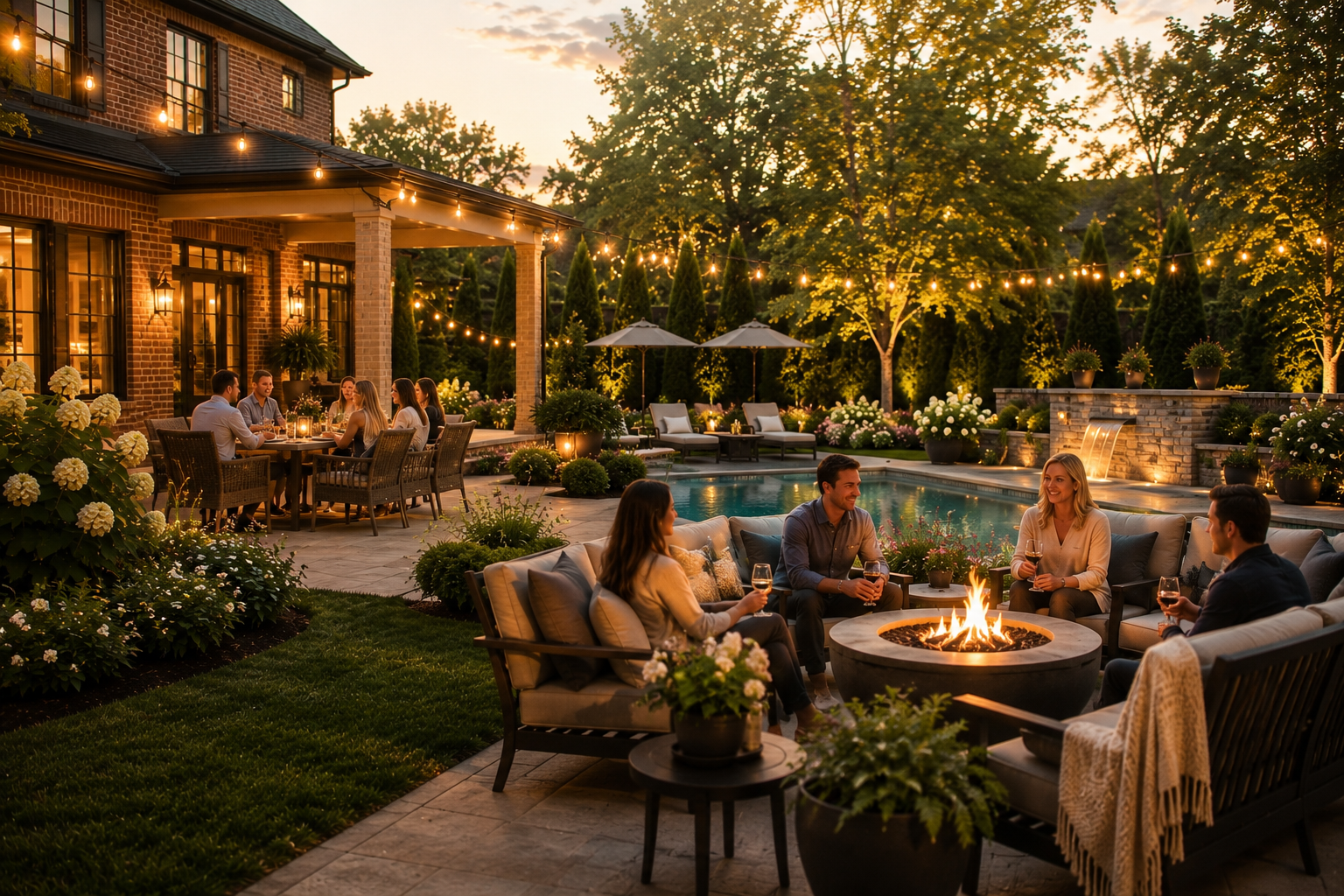 People enjoying a suburban Long Island summer evening gathering around a fire pit and dining by a pool in a landscaped backyard with string lights, potted plants, trees, and a house in the background.