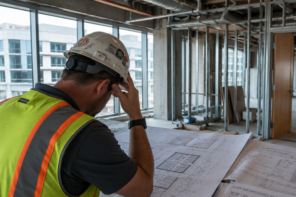 Commercial construction professional reviewing door and hardware plans on a jobsite.