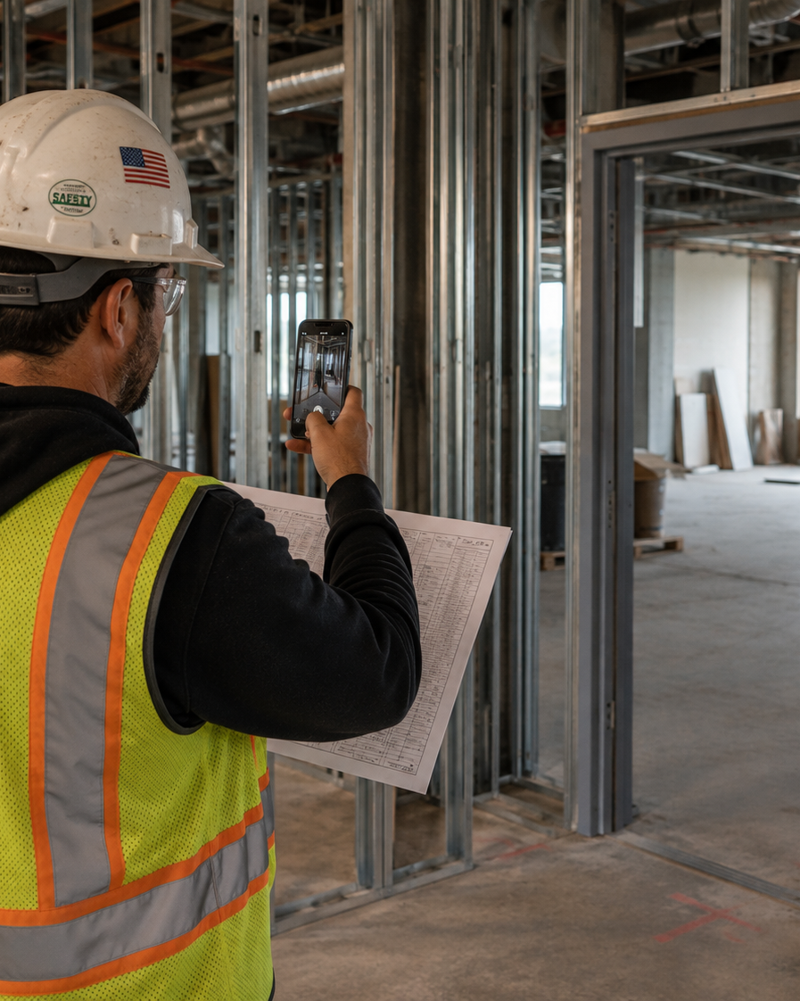 Construction professional photographing commercial door and hardware conditions on a jobsite.
