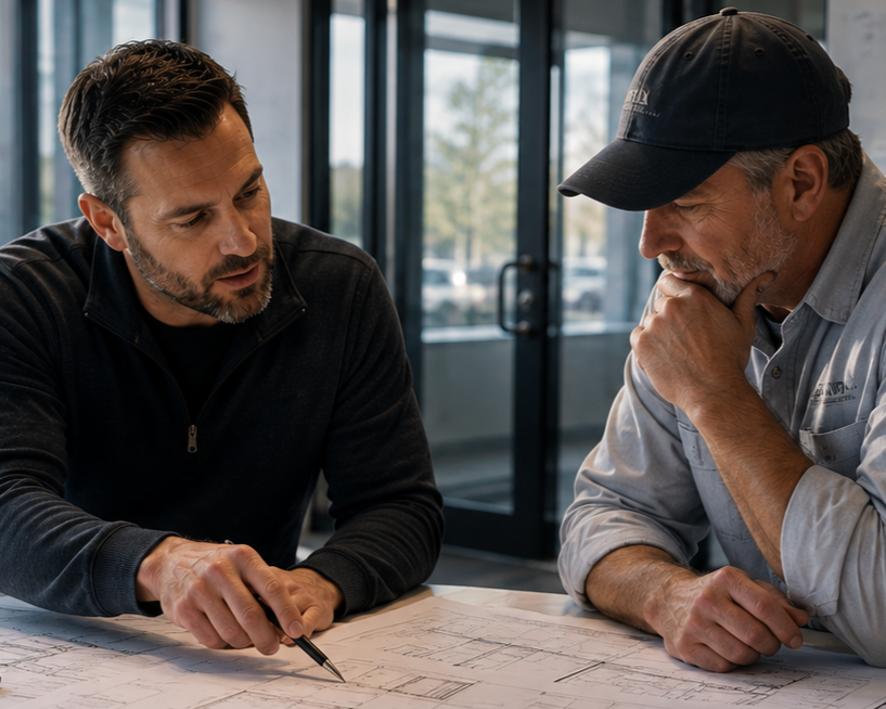 Commercial construction professionals reviewing building plans and door hardware requirements.