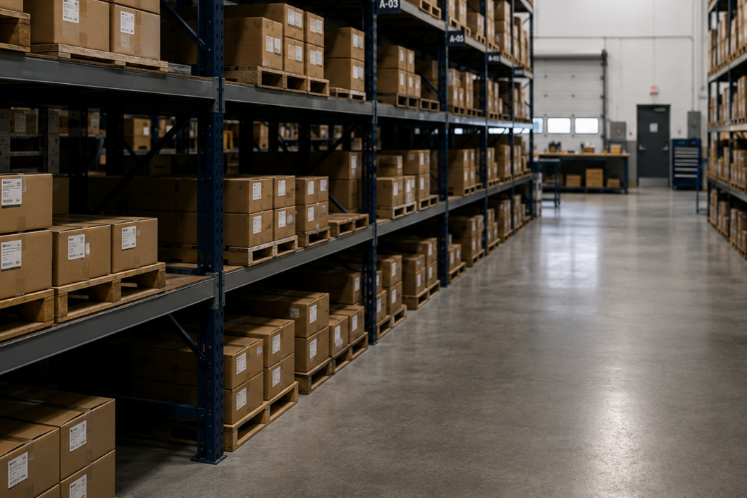 Commercial door and hardware supply warehouse with organized shelving and boxed inventory.