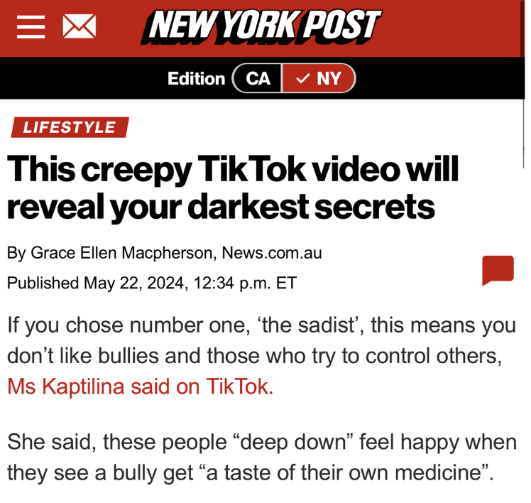 Screenshot of a news article from New York Post titled 'This creepy TikTok video will reveal your darkest secrets,' published on May 22, 2024.