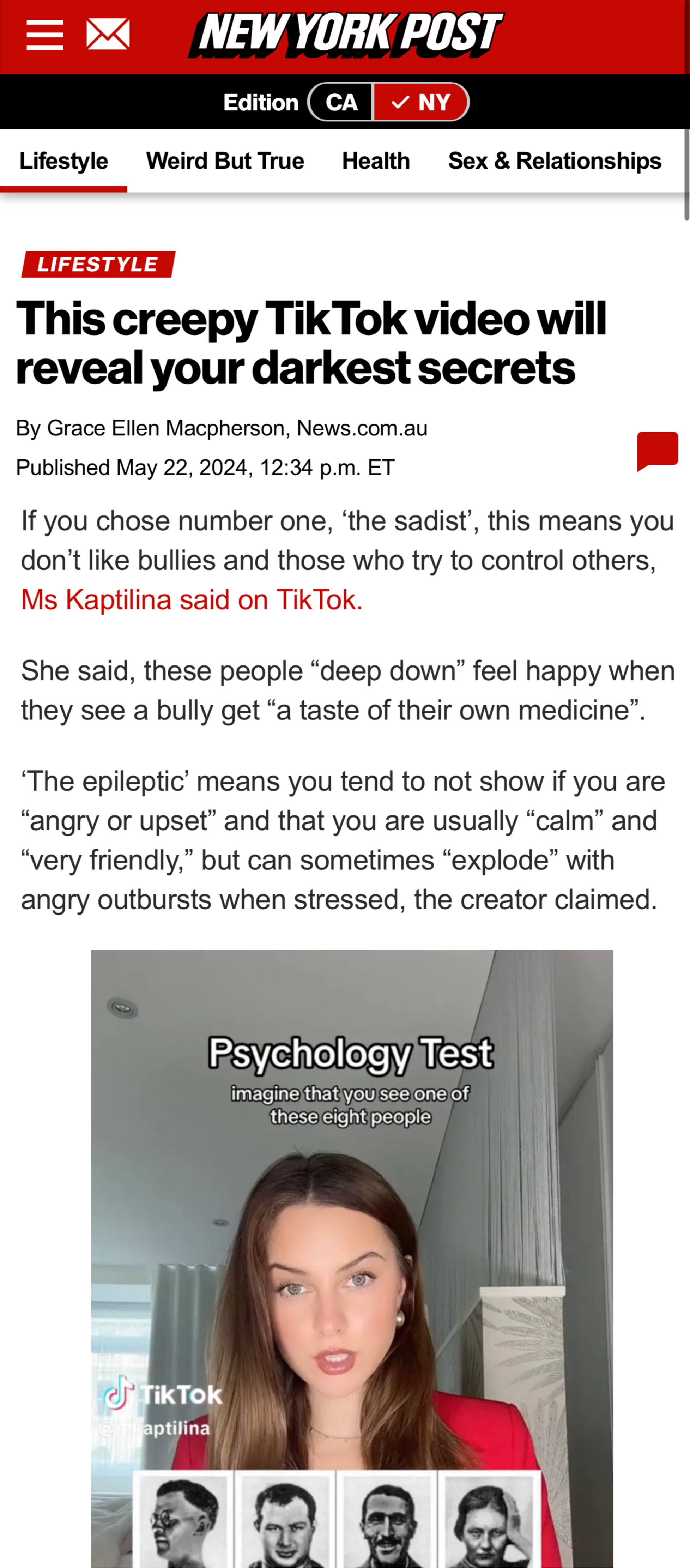 A woman with long brown hair, wearing a red blazer, appears to be recording a TikTok video indoors, with a title overlay reading 'Psychology Test - imagine that you see one of these eight people' and images of eight different black-and-white portraits of people displayed below her.