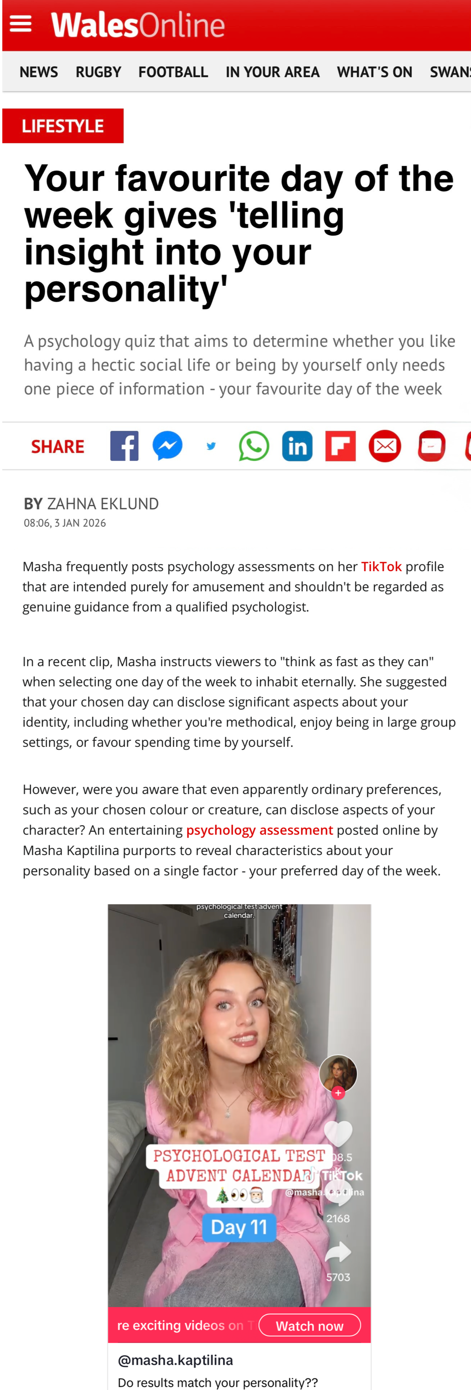 Screenshot of a WalesOnline article titled "Your favourite day of the week gives 'telling insight into your personality'" showing a TikTok creator with text overlay "Psychological test advent calendar - Day 11" and a pink outfit.