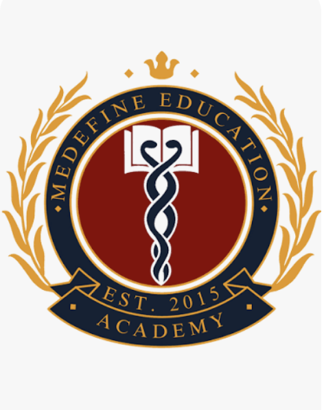 Logo for MedeDefine Education Academy, established in 2015, featuring a caduceus symbol intertwined with a book, surrounded by a laurel wreath and a crown at the top.