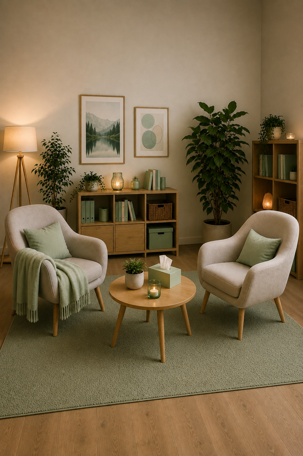 Gemütliches Wohnzimmer mit zwei weißen Sesseln, einem runden Holztisch, Pflanzen, Bücherregalen, Wandbildern und gemütlicher Beleuchtung