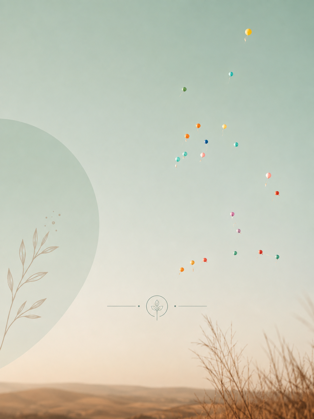 Himmel mit bunten Ballons, im Vordergrund Wiesen- und Pflanzenmotive, minimalistisches Design.