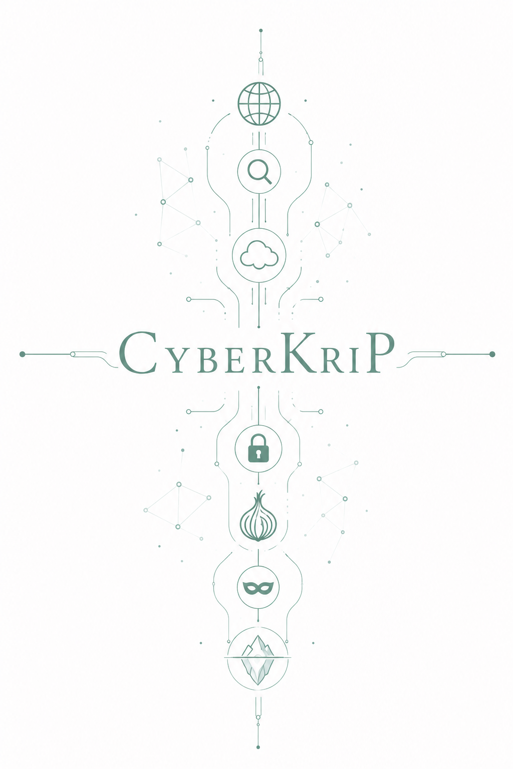 Das Bild zeigt ein elegantes, digitales Logo mit dem Text "CyberKrip" in der Mitte. Es ist von symbolischen Icons umgeben, die eine Weltkugel, eine Lupe, eine Wolke, ein Schloss, eine Flamme, eine Maske und Berge darstellen, verbunden durch Linien und Datenmuster, was auf Themen wie Cybersicherheit, Technologie und Datenschutz hinweist.