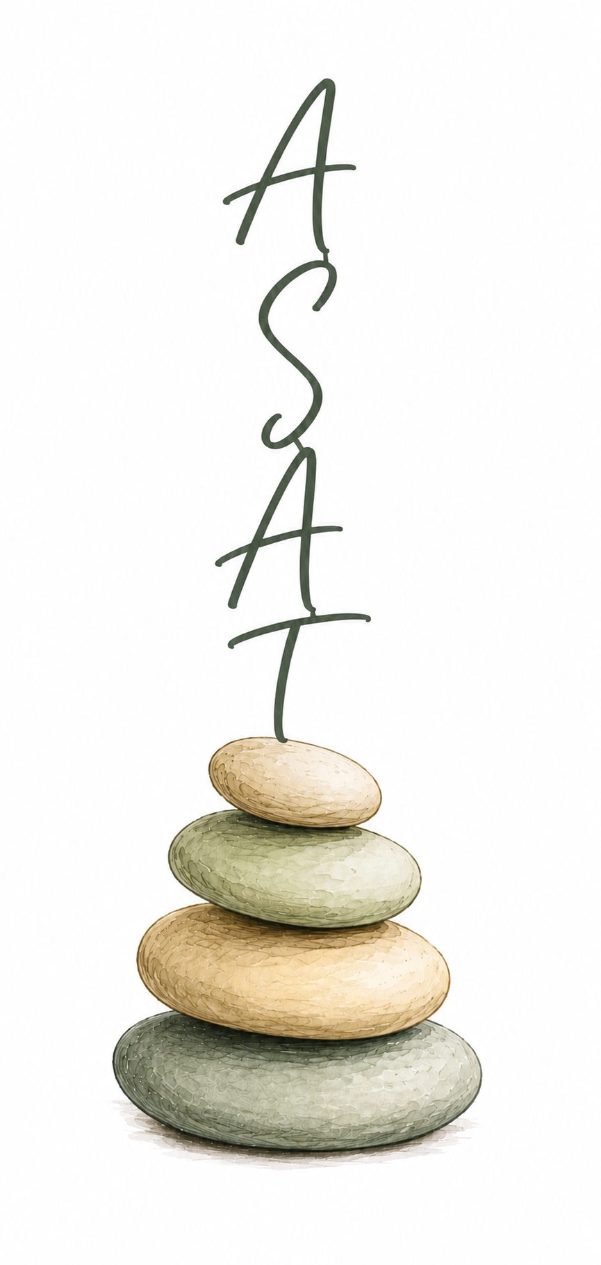 Vertikale Anordnung von fünf Steinen, darunter das Wort »ASIA« in geschwungener Schrift, auf einem weißen Hintergrund.