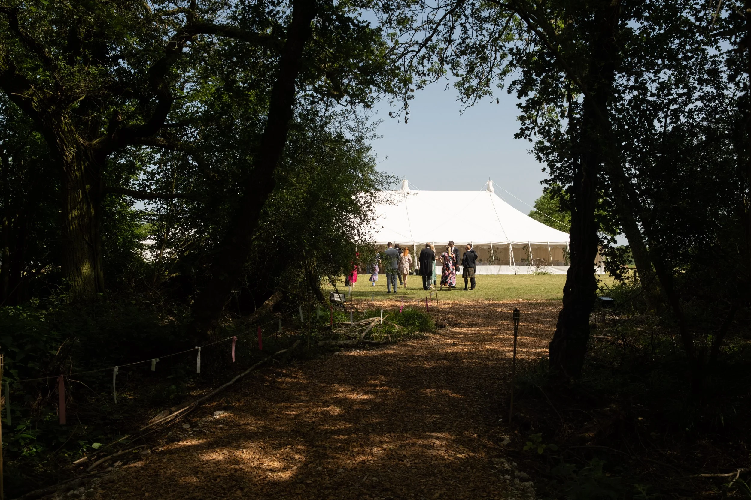 People gathering under a large white event tent in a park, viewed through trees and foliage, during a sunny day.