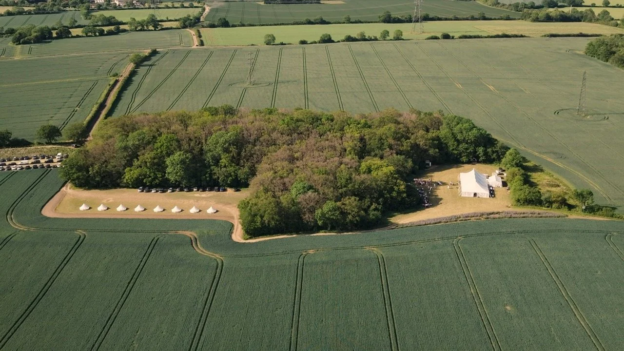 Aerial view of a large green field with a dense cluster of trees in the center, surrounded by fields with tractor tracks, a small white event tent, and parked cars.