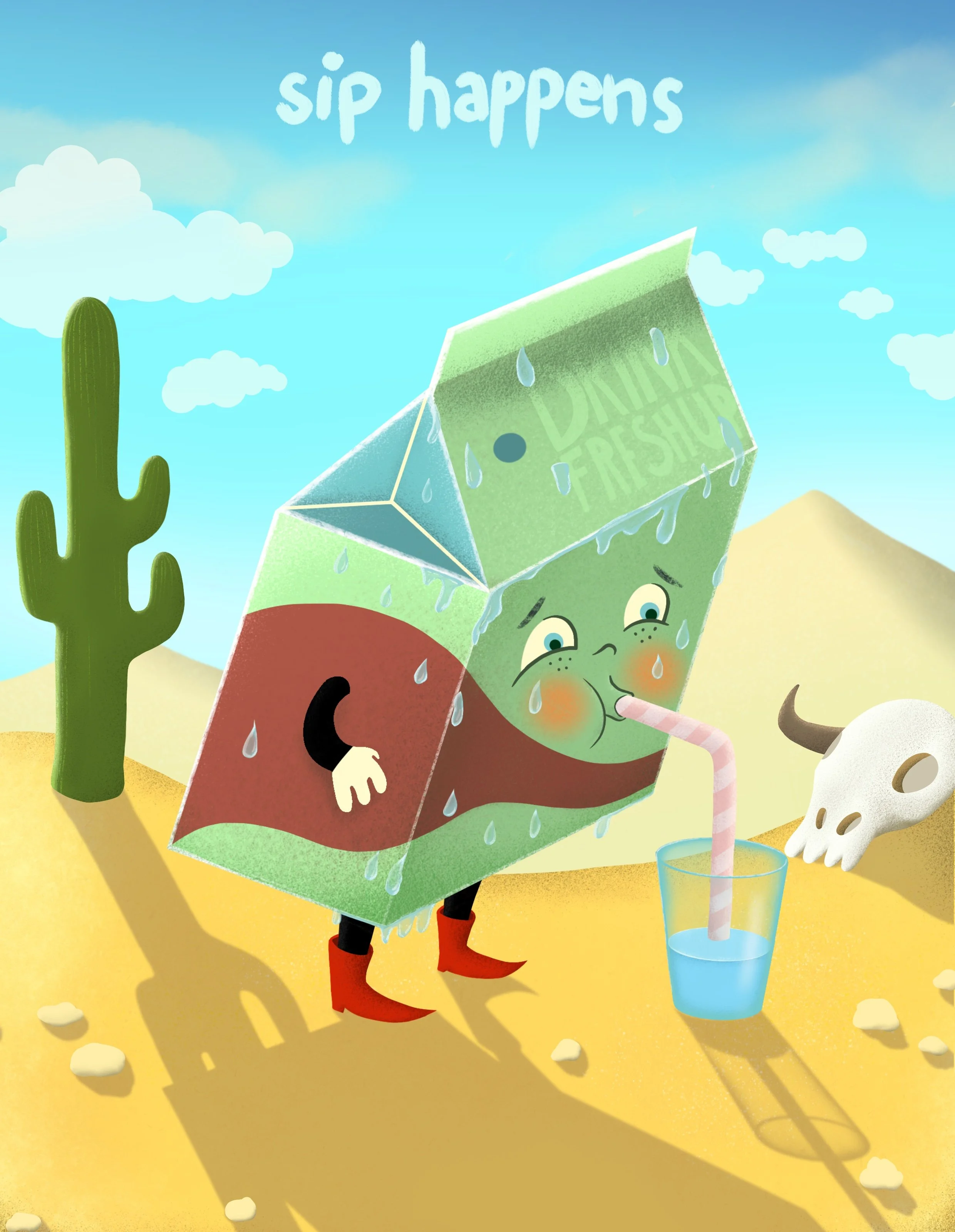 A cartoon cactus, a happy green box character with a face, arms, and red boots, drinking a pink and white striped straw from a blue glass with water, with  desert sand, white rocks, and a skull in the background. The text 'sip happens' appears at the