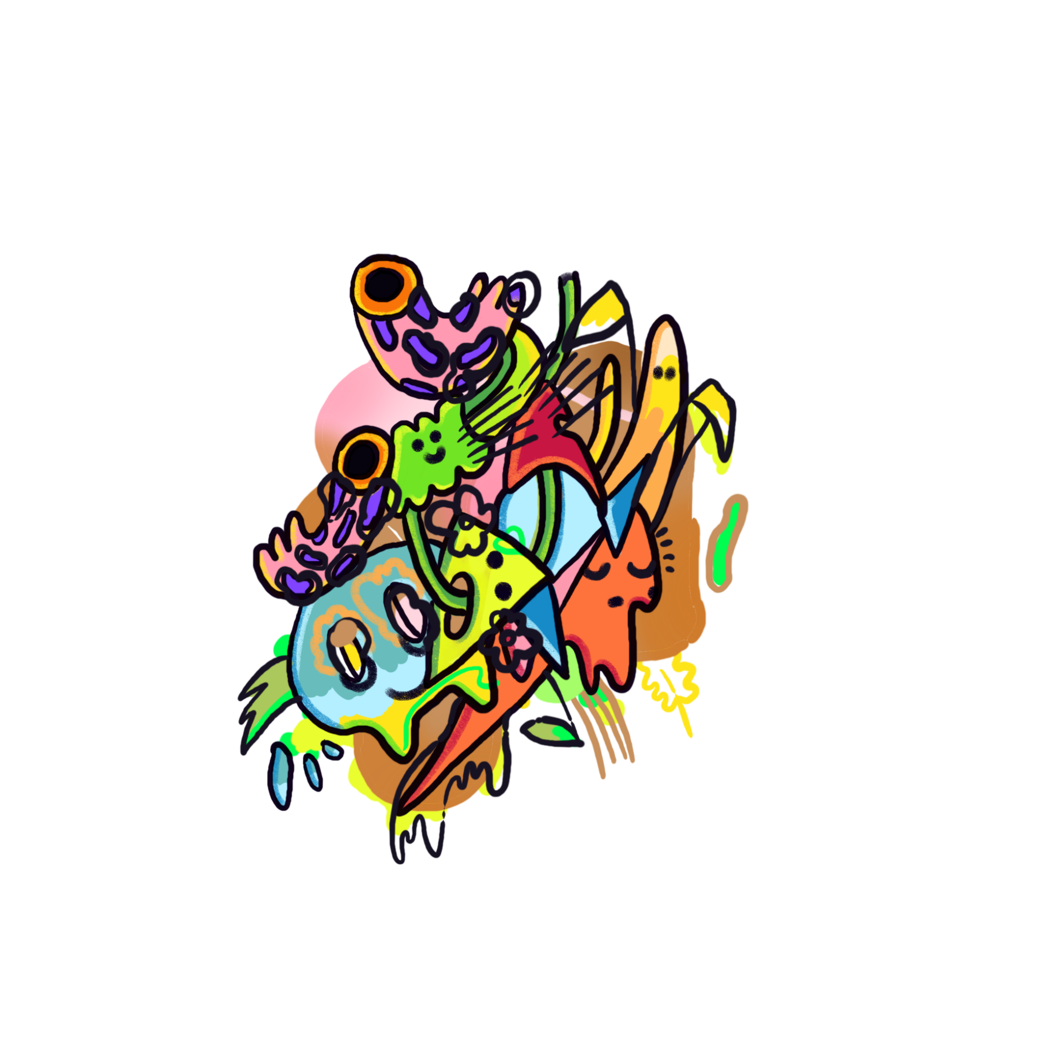 Colorful digital drawing of various abstract shapes, patterns, and objects including flowers, leaves, and geometric figures on a black background.