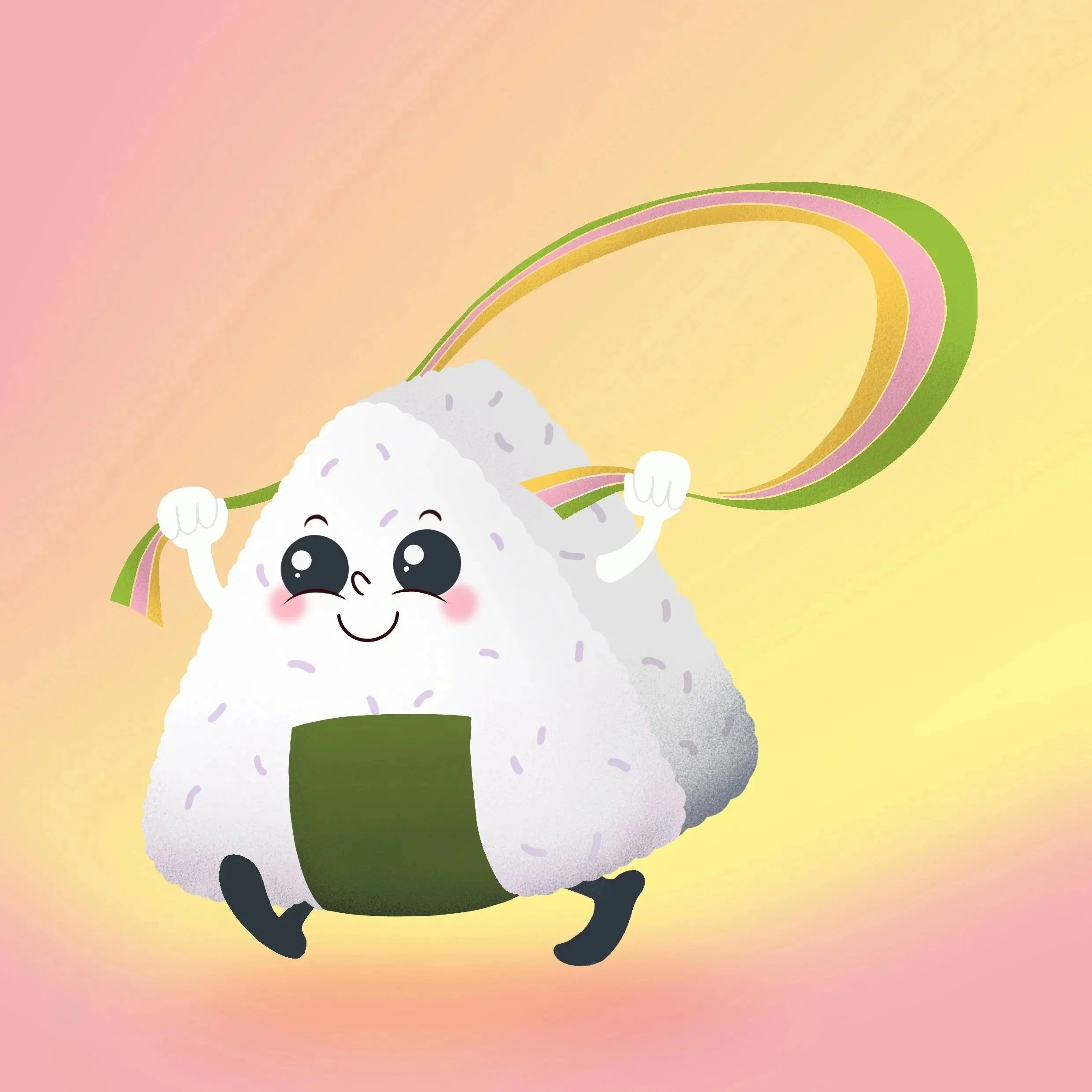 A cartoon onigiri with big eyes, smiling, holding a rainbow with three bands of pink, yellow, and green on a pastel yellow and pink background.