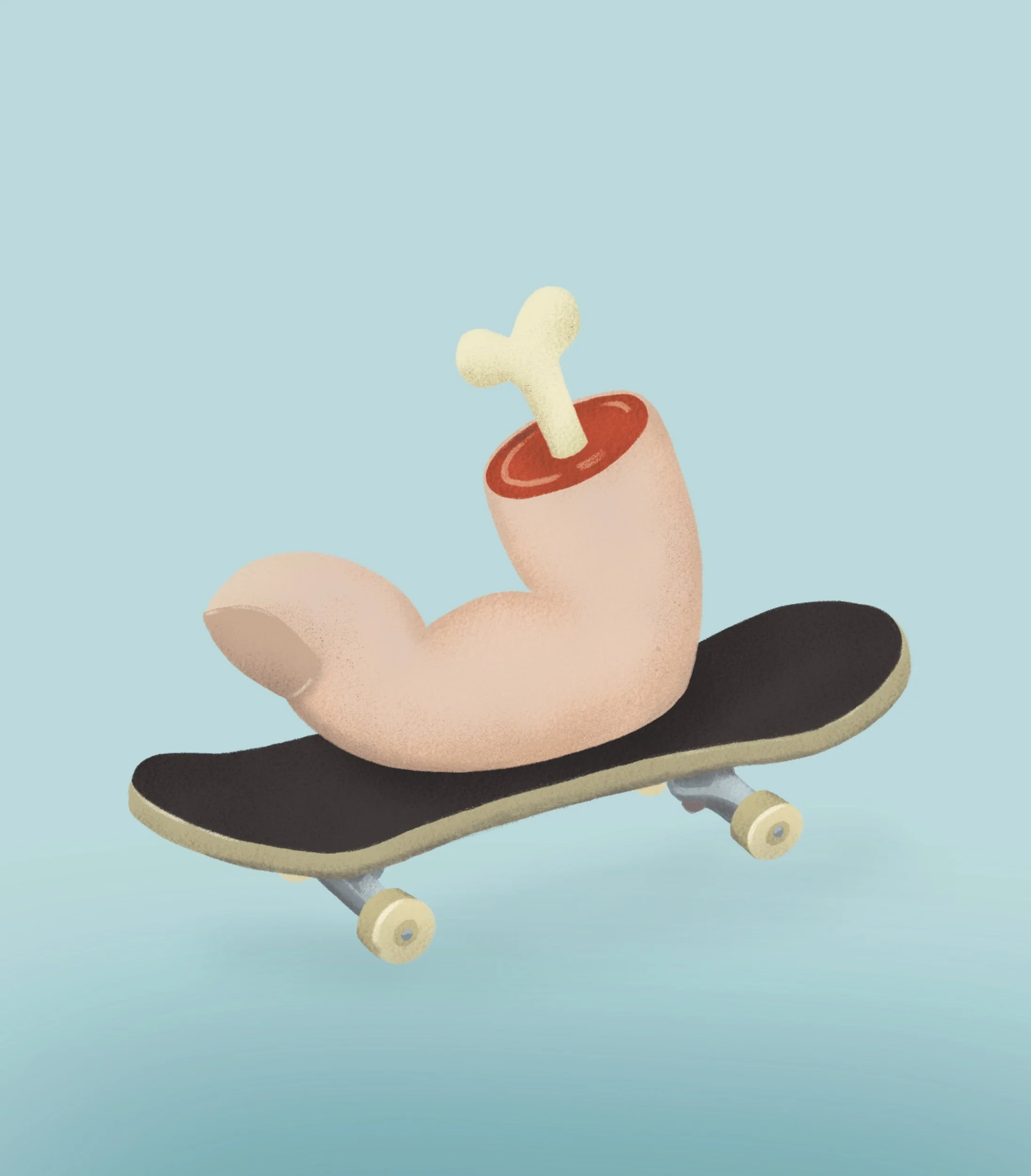 A finger riding a skateboard with a bone sticking out of a cylindrical on top. Fingerboard Illustration. 