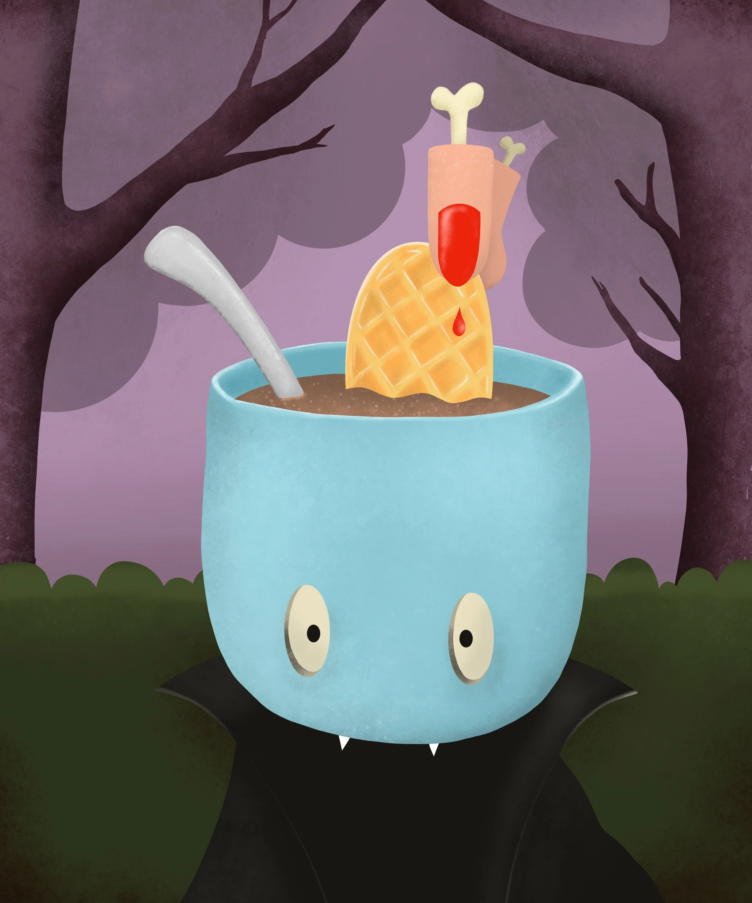 A cartoon illustration of a cartoon character with a blue face, wide eyes, and black hair, set against a dark background with purple trees and green bushes. The character appears to be a cute vampire.