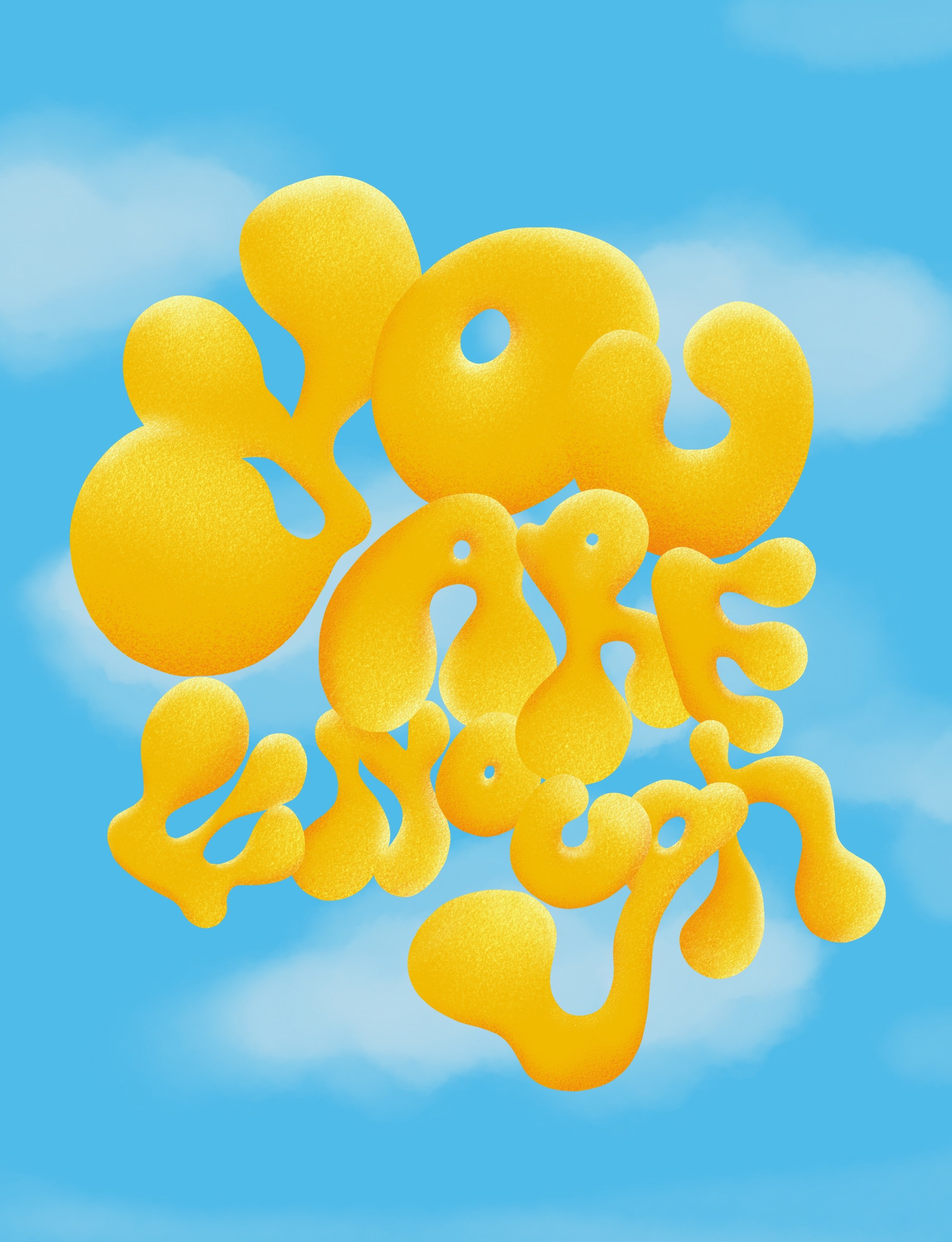Yellow sponge-like objects floating against a bright blue sky with some white clouds.