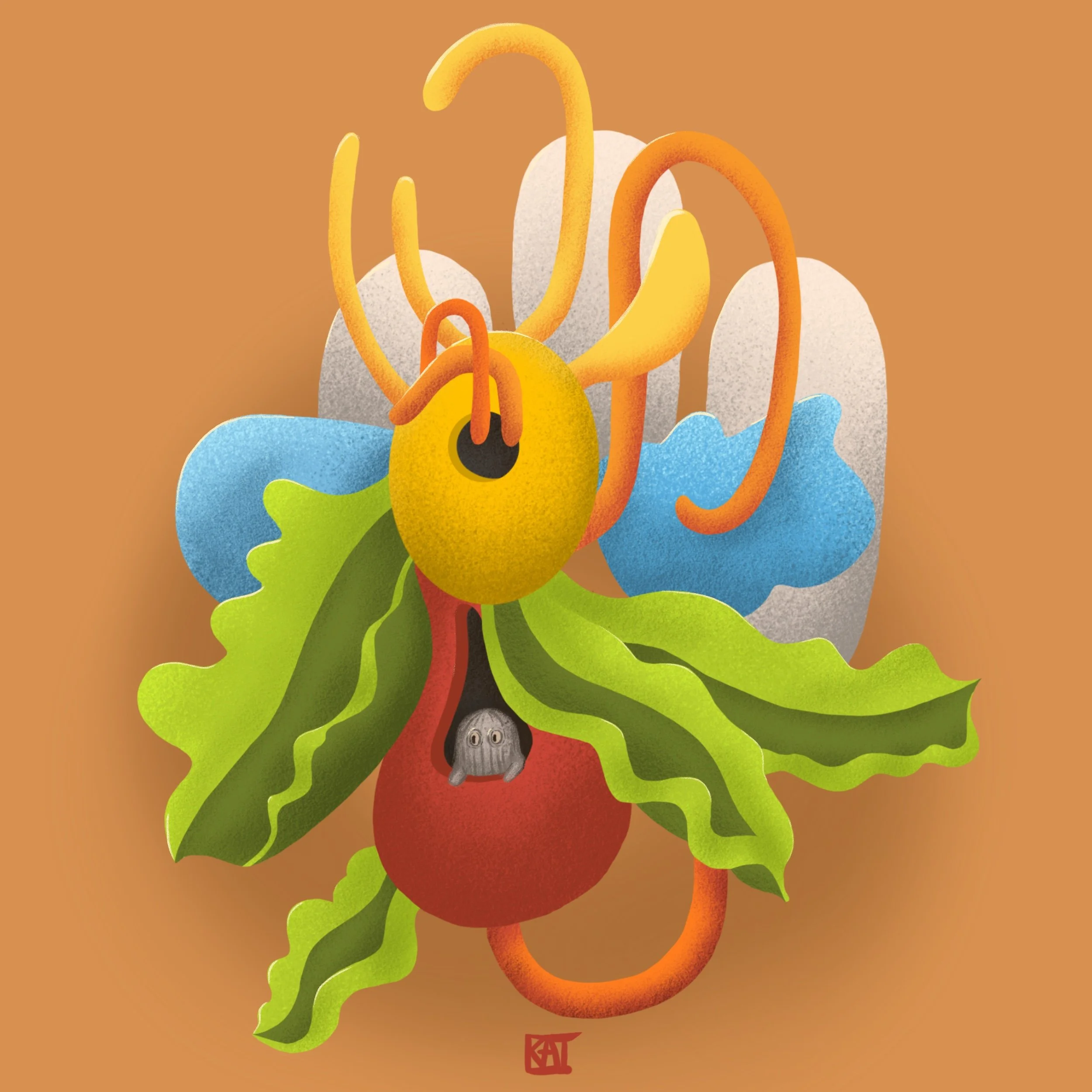 Abstract digital artwork featuring a stylized plant or flower with curved orange and yellow stems, green leaves, white and red background elements, and a small gray face at the bottom center.