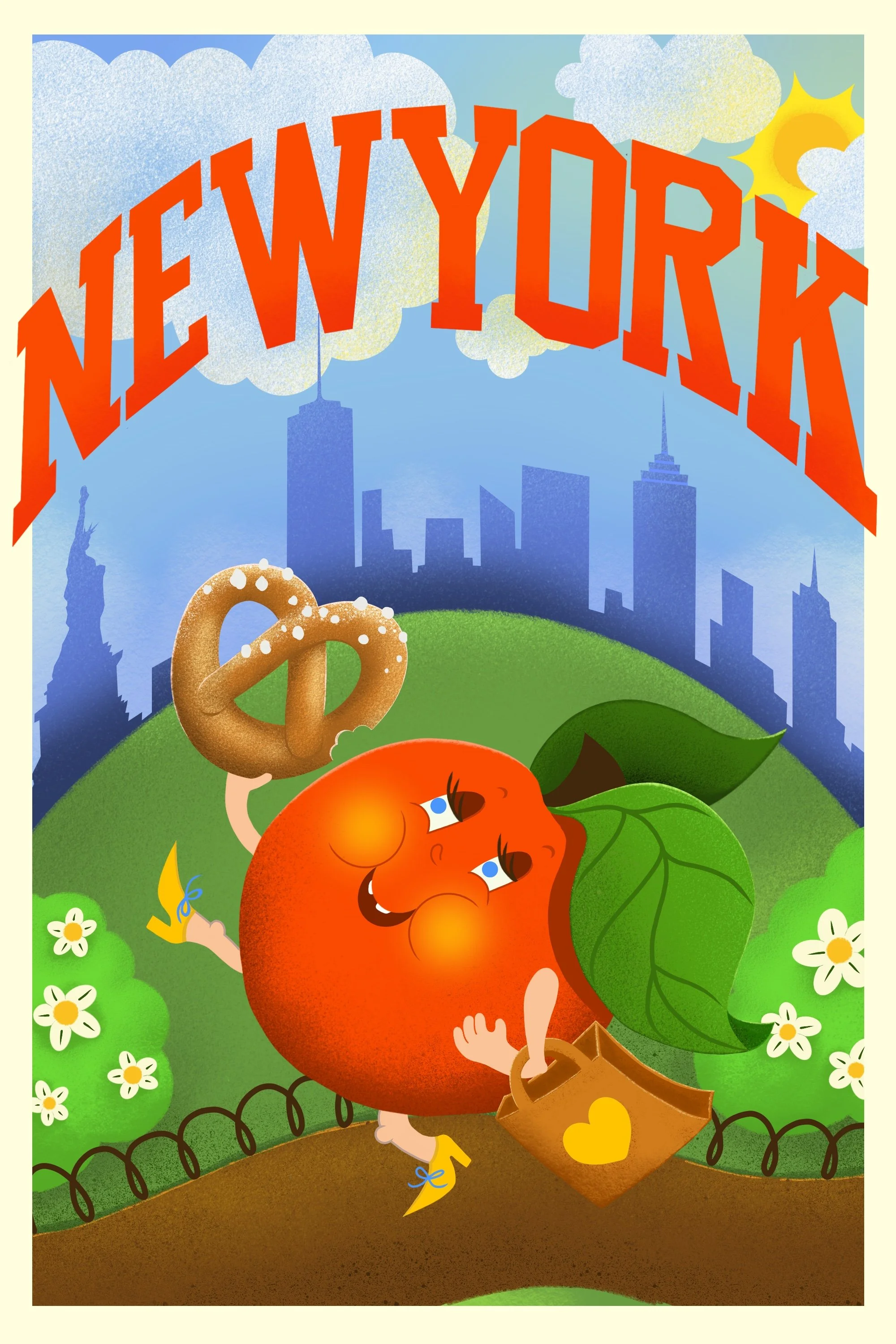 Cartoon illustration of a smiling Big Apple character with green leaves, holding a pretzel and a basket with a yellow heart, in Central Park with white flowers, green bushes, and New York City skyline in the background.
