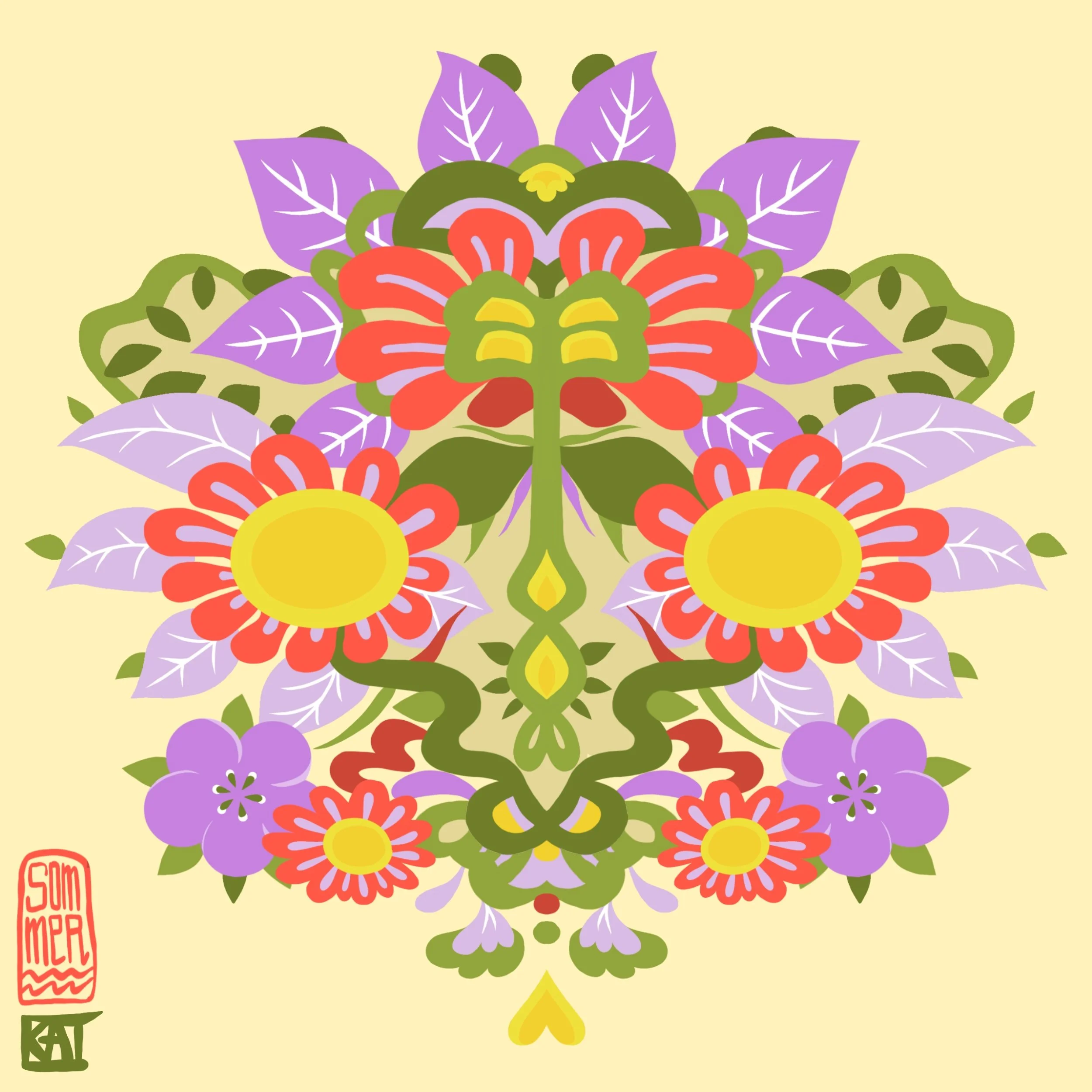 A colorful symmetrical floral design featuring purple leaves, red and yellow flowers, and green accents on a beige background.