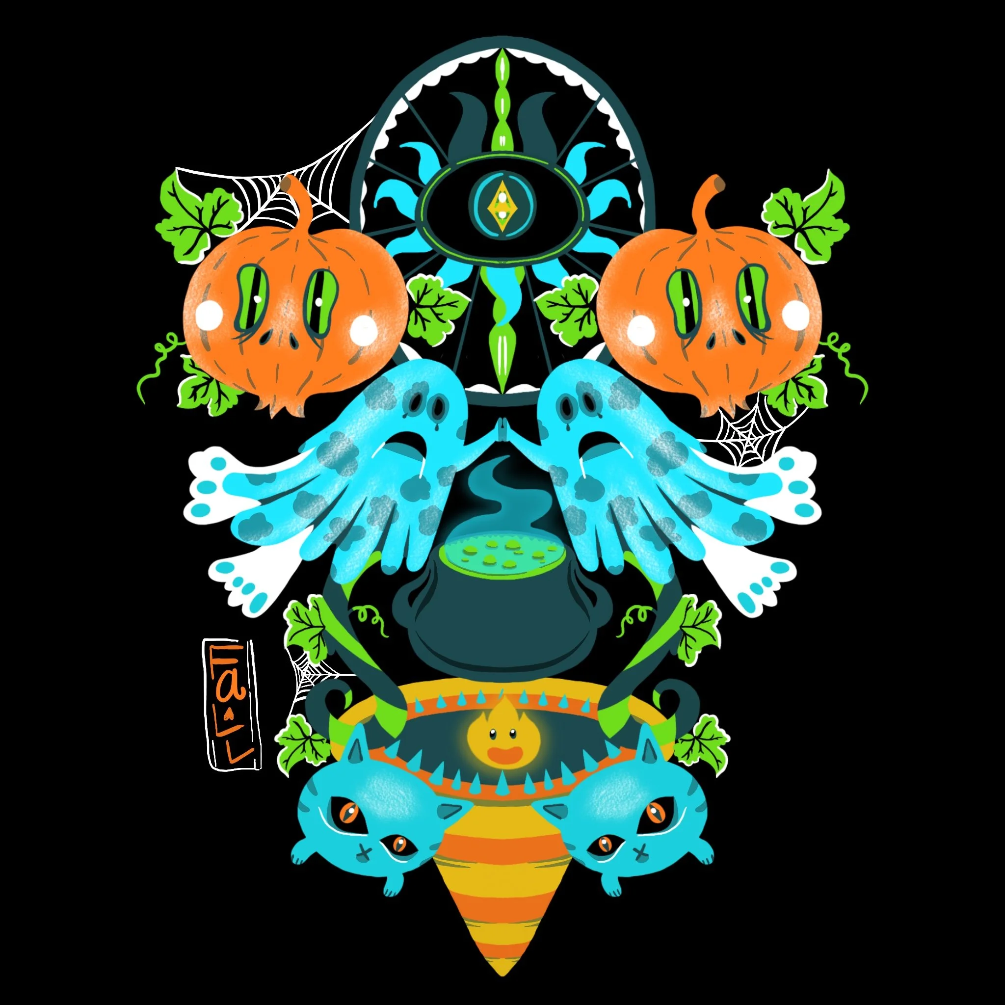 Colorful digital illustration of a skeleton dragon with Halloween pumpkin heads, spider webs, and neon accents against a black background.
