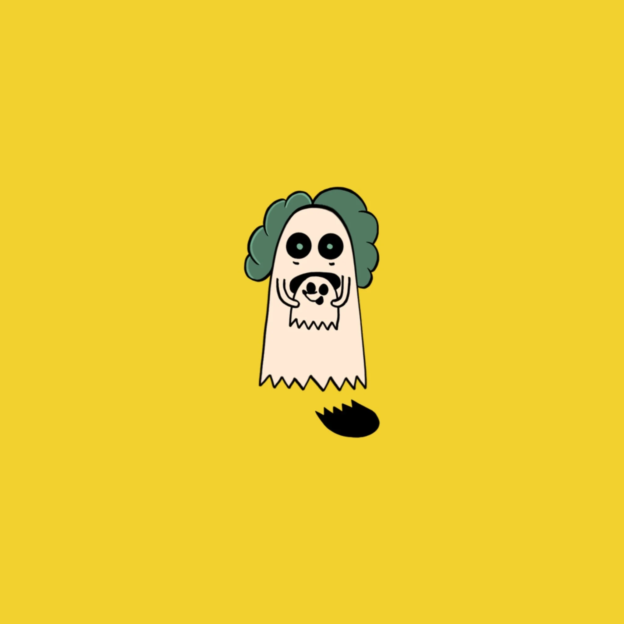 Cartoon character with green hair and large black eyes, holding a small black and white skull, standing against a yellow background.