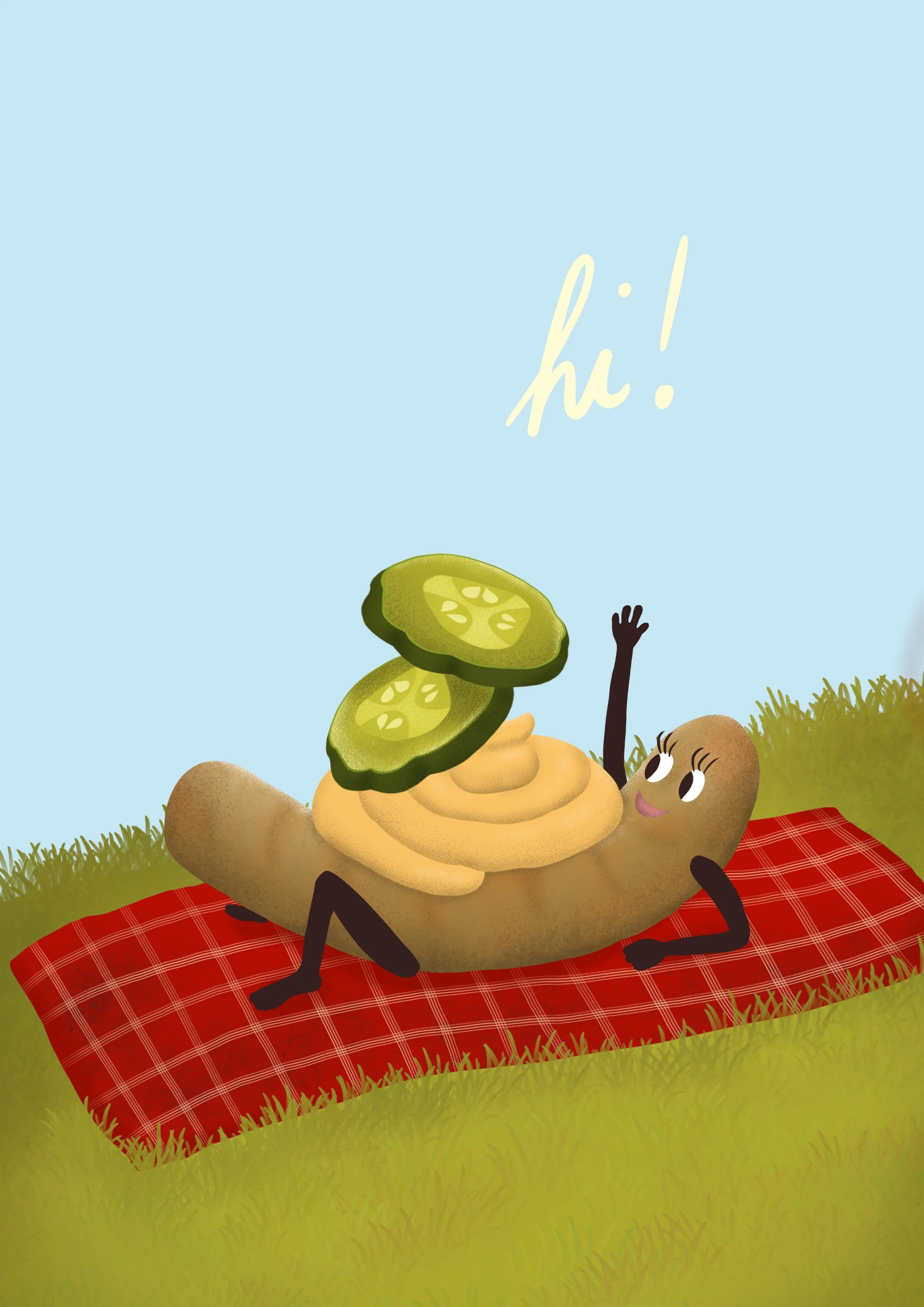 A cartoon character of a hot dog with a happy face, black arms and legs, sitting on a red and black checkered blanket outdoors on grass, holding slices of cucumber above its head, with the word 'hi!' written in cream-colored cursive in the sky.
