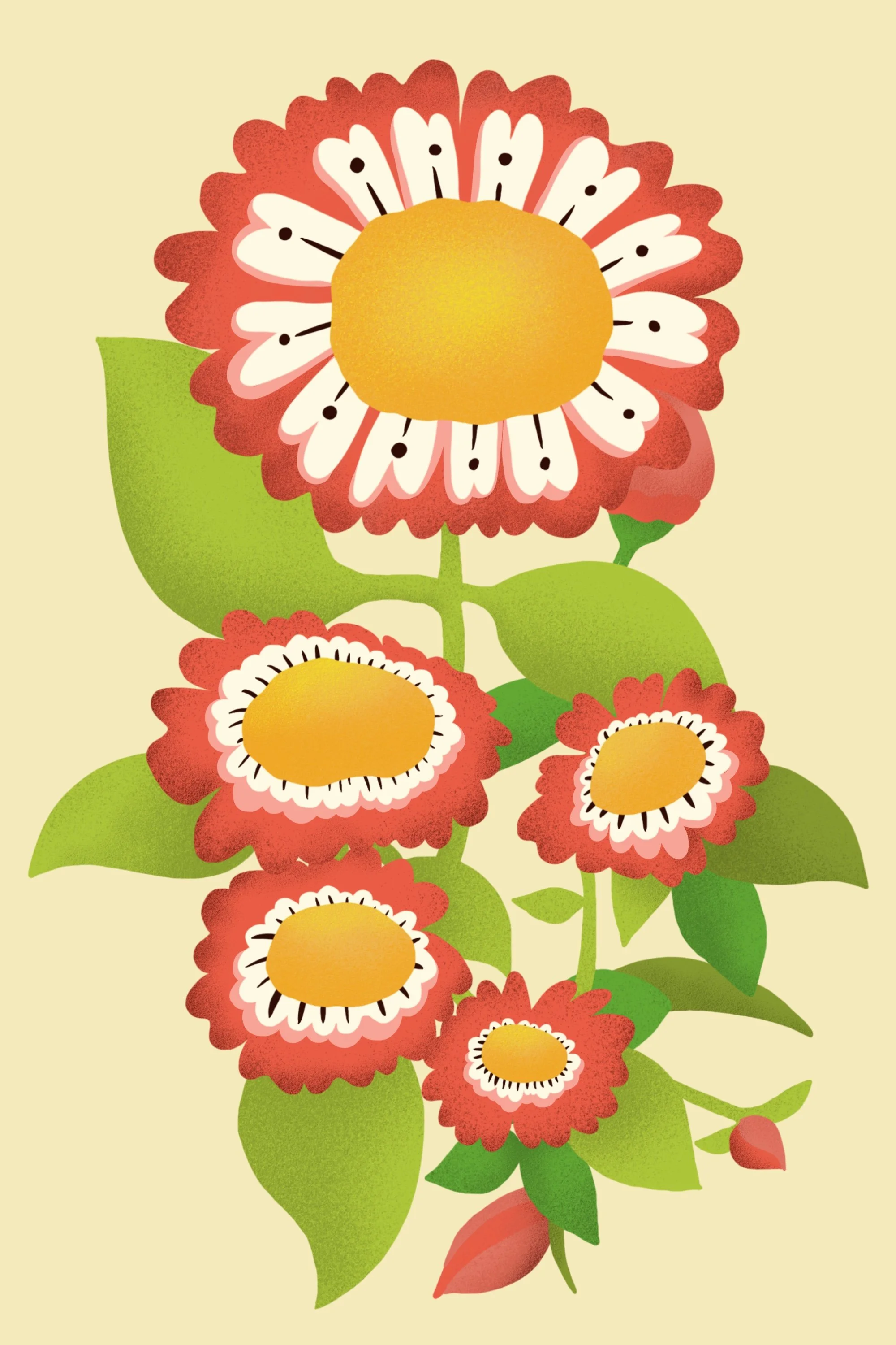 Stylized retor vintage illustration of a flower with red petals, a yellow center, and green leaves on a light beige background.